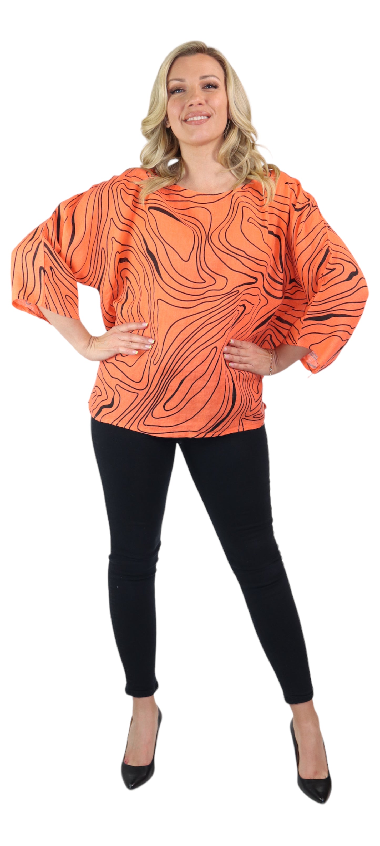 Womens Plus Size Oversized Baggy Swirl Print Artsy Bohemian 100% Linen Tunic Shirt Top | One Size Fits All