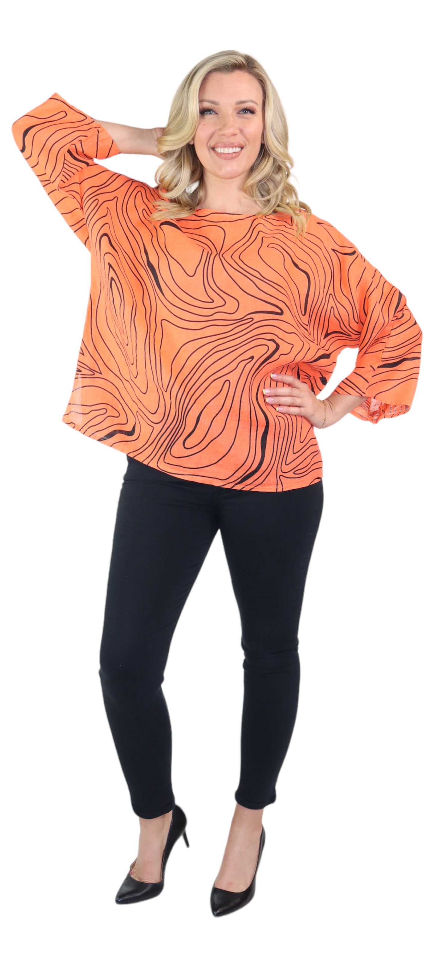 Womens Plus Size Oversized Baggy Swirl Print Artsy Bohemian 100% Linen Tunic Shirt Top | One Size Fits All