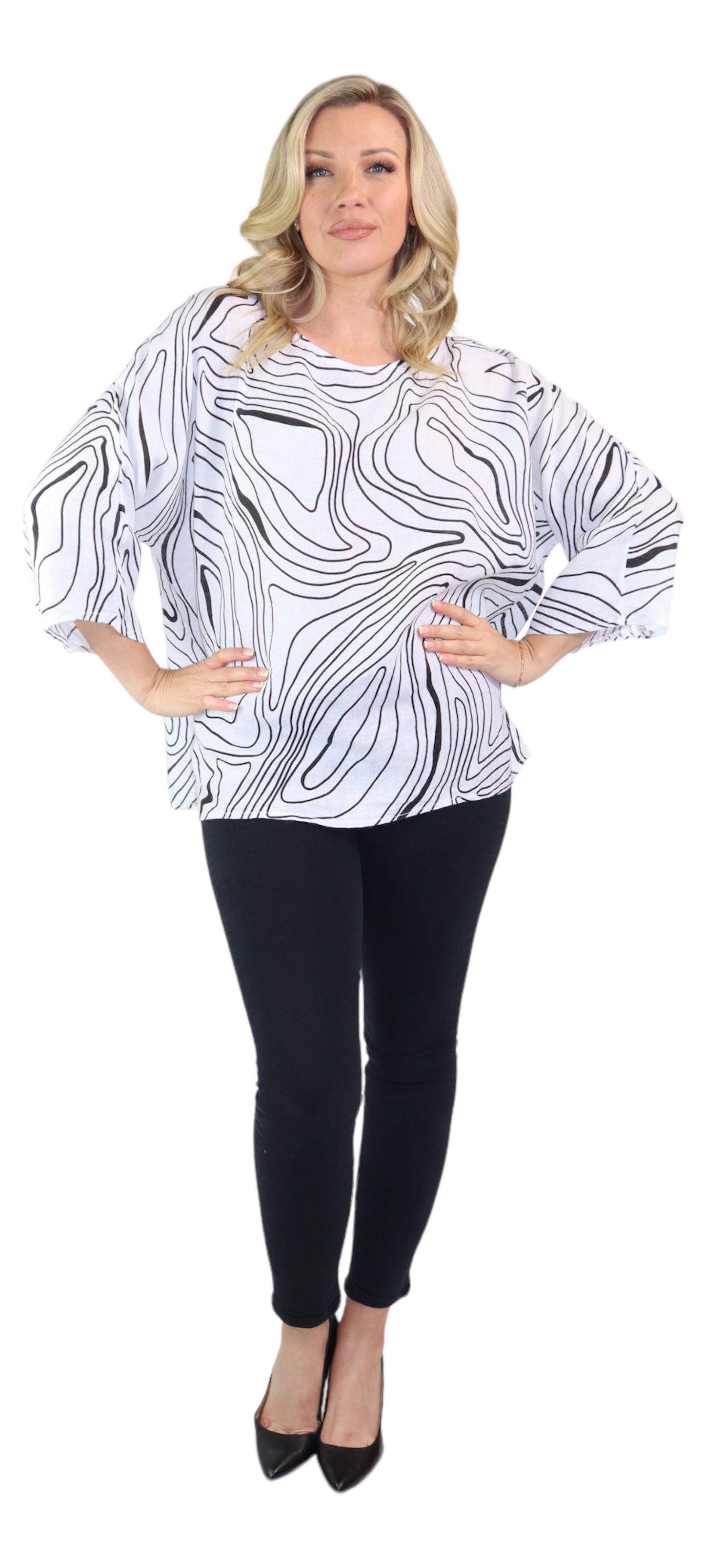 Womens Plus Size Oversized Baggy Swirl Print Artsy Bohemian 100% Linen Tunic Shirt Top | One Size Fits All