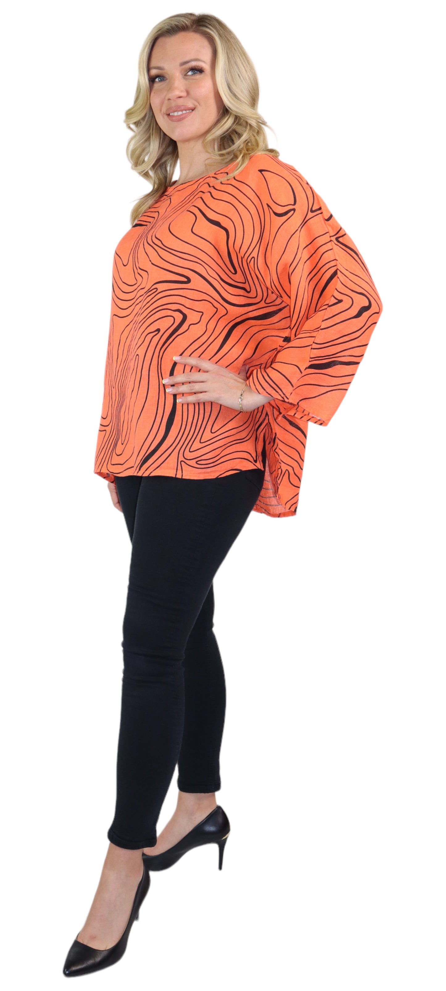 Womens Plus Size Oversized Baggy Swirl Print Artsy Bohemian 100% Linen Tunic Shirt Top | One Size Fits All