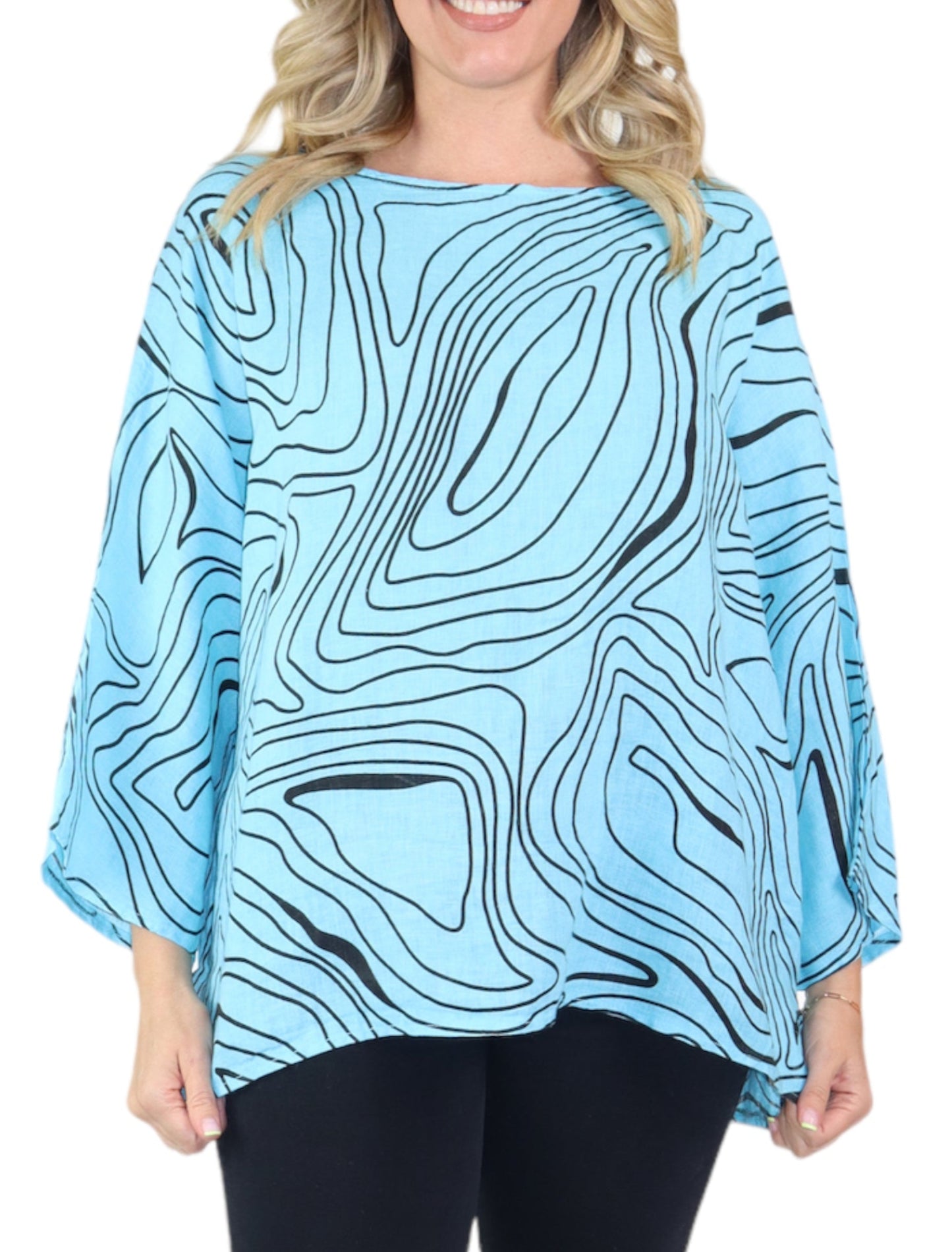 Womens Plus Size Oversized Baggy Swirl Print Artsy Bohemian 100% Linen Tunic Shirt Top | One Size Fits All