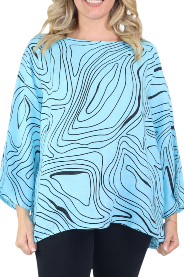Womens Plus Size Oversized Baggy Swirl Print Artsy Bohemian 100% Linen Tunic Shirt Top | One Size Fits All