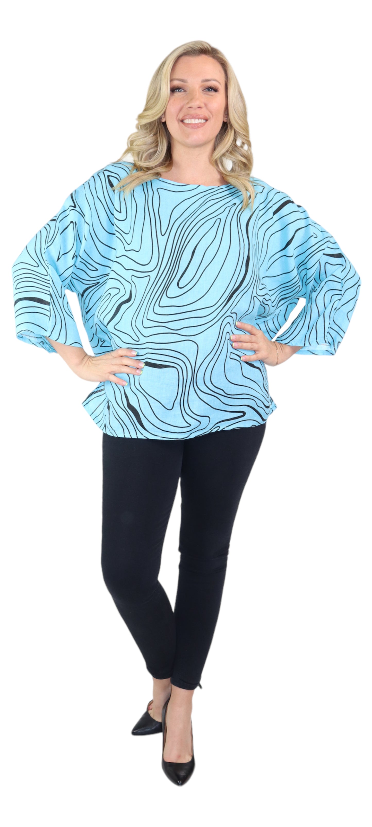 Womens Plus Size Oversized Baggy Swirl Print Artsy Bohemian 100% Linen Tunic Shirt Top | One Size Fits All