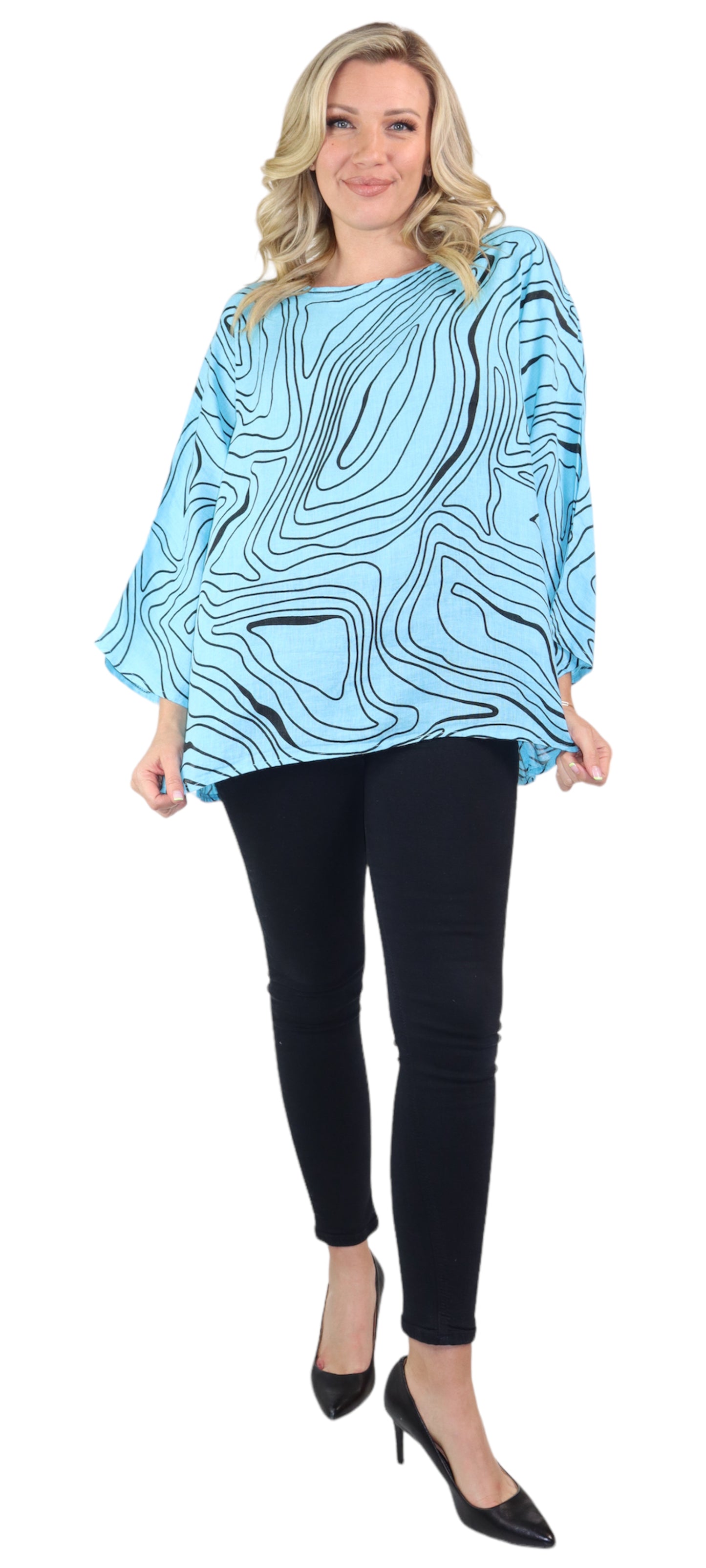 Womens Plus Size Oversized Baggy Swirl Print Artsy Bohemian 100% Linen Tunic Shirt Top | One Size Fits All