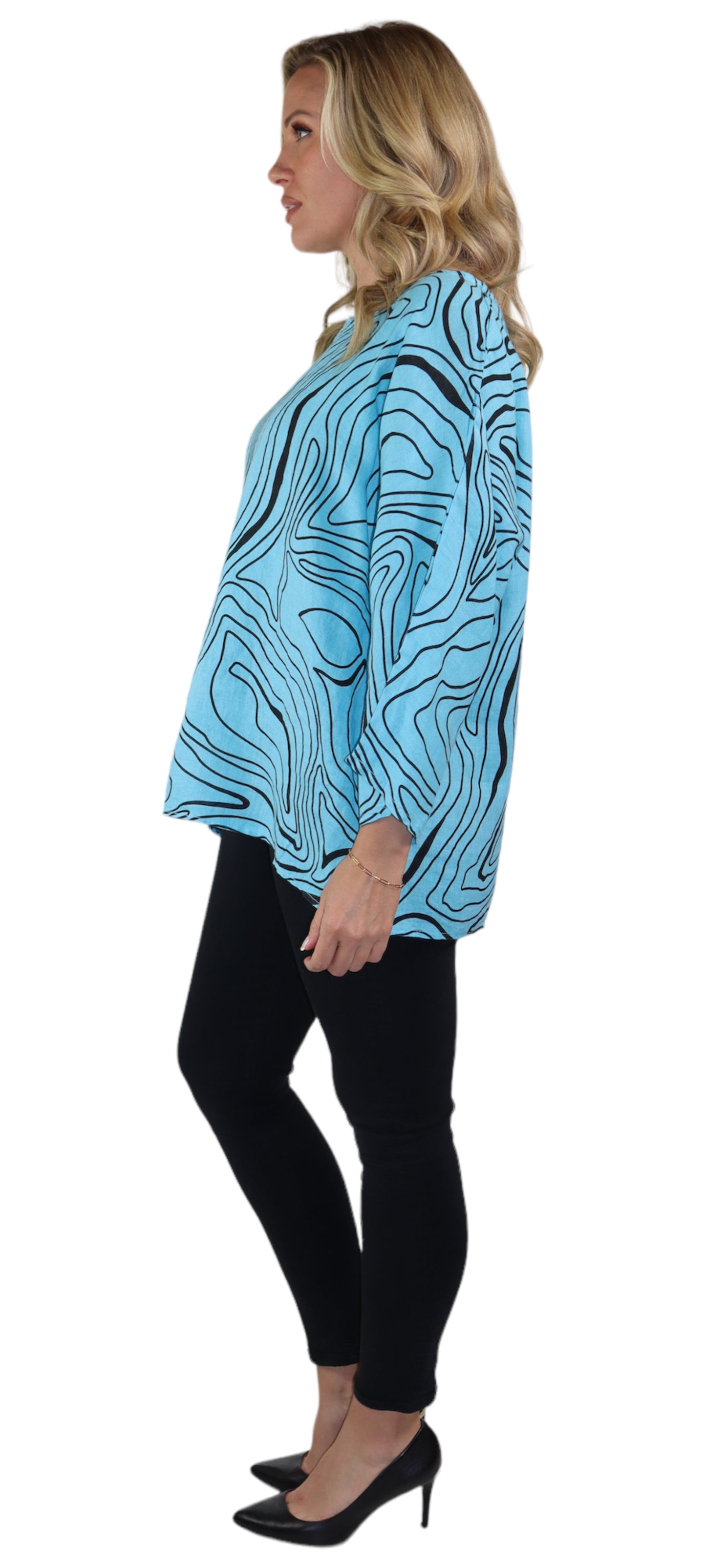 Womens Plus Size Oversized Baggy Swirl Print Artsy Bohemian 100% Linen Tunic Shirt Top | One Size Fits All