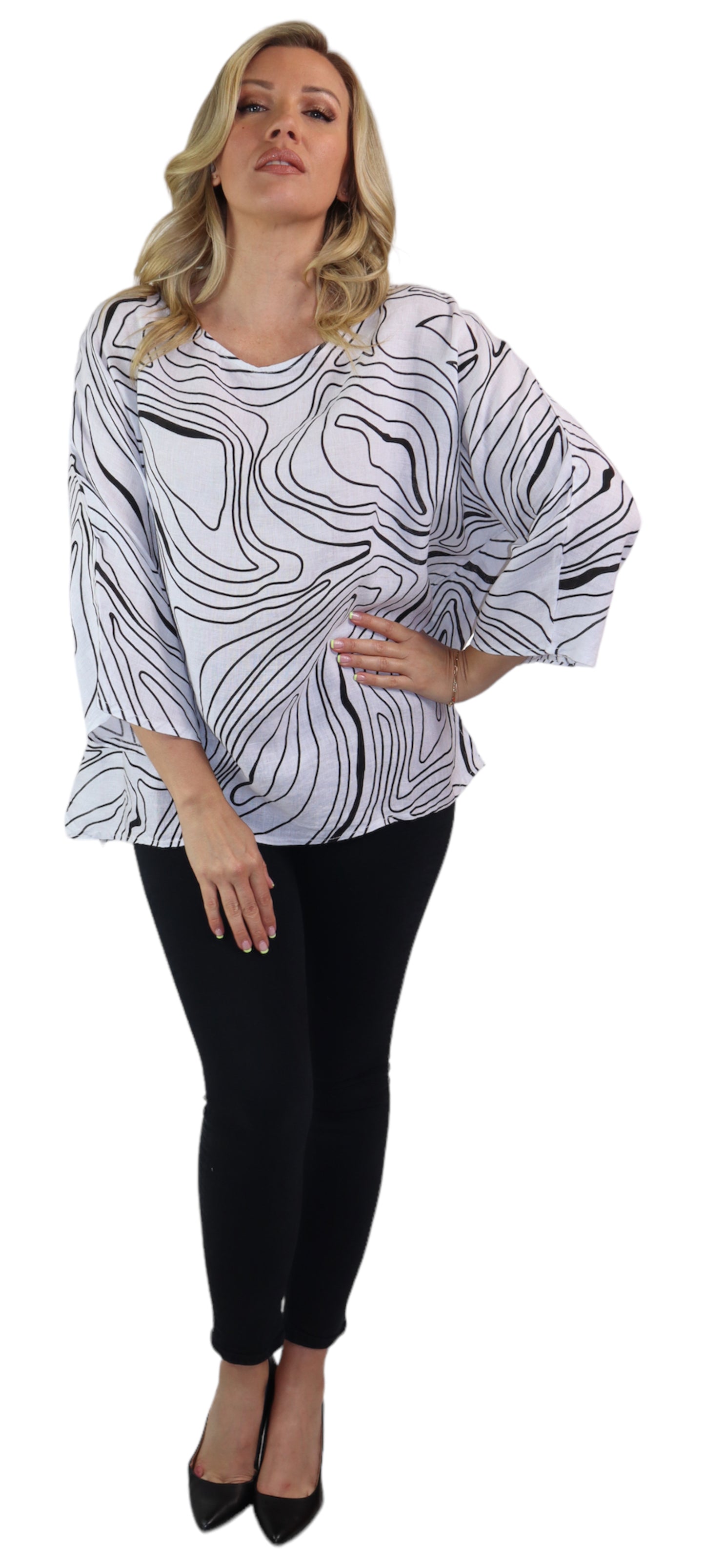 Womens Plus Size Oversized Baggy Swirl Print Artsy Bohemian 100% Linen Tunic Shirt Top | One Size Fits All