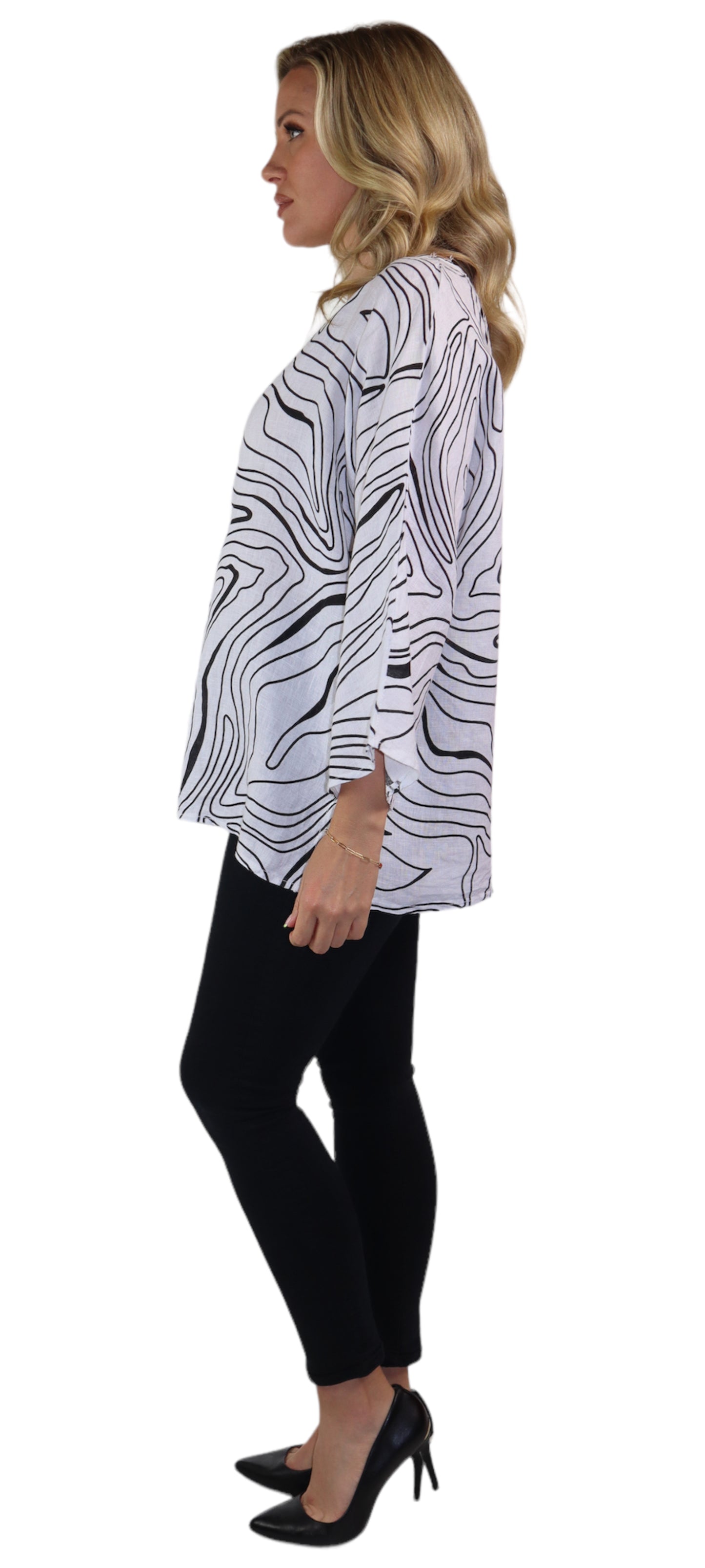 Womens Plus Size Oversized Baggy Swirl Print Artsy Bohemian 100% Linen Tunic Shirt Top | One Size Fits All