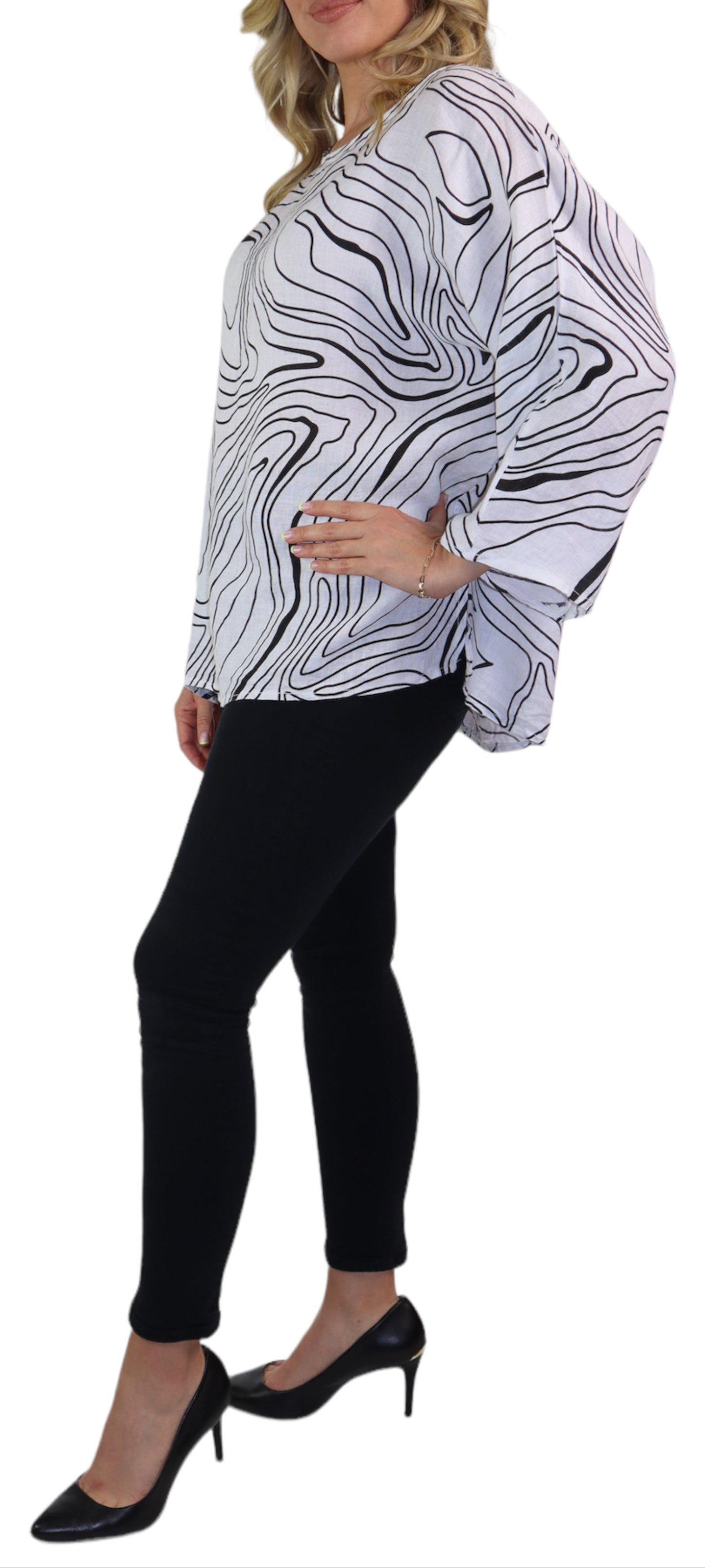 Womens Plus Size Oversized Baggy Swirl Print Artsy Bohemian 100% Linen Tunic Shirt Top | One Size Fits All