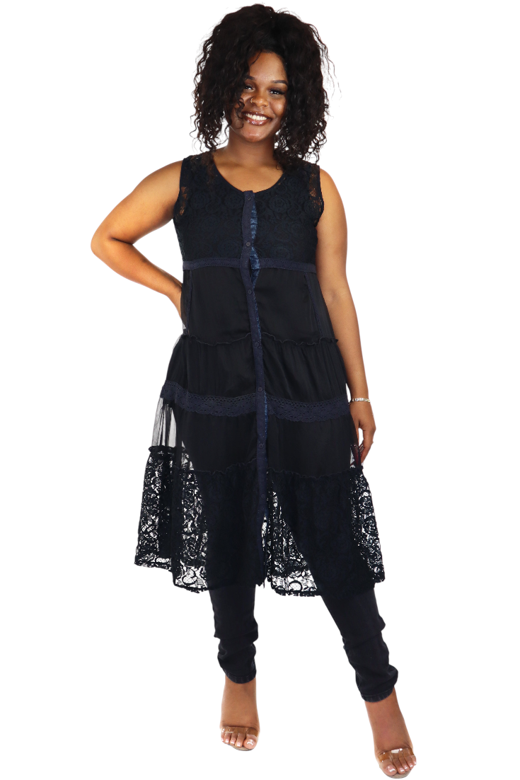 Women Elegant Laced Embroidered Button Down Sleeveless Duster, women lace Cardigan, Plus Size Jacket, Midi Length, One Size Fits All M-XL