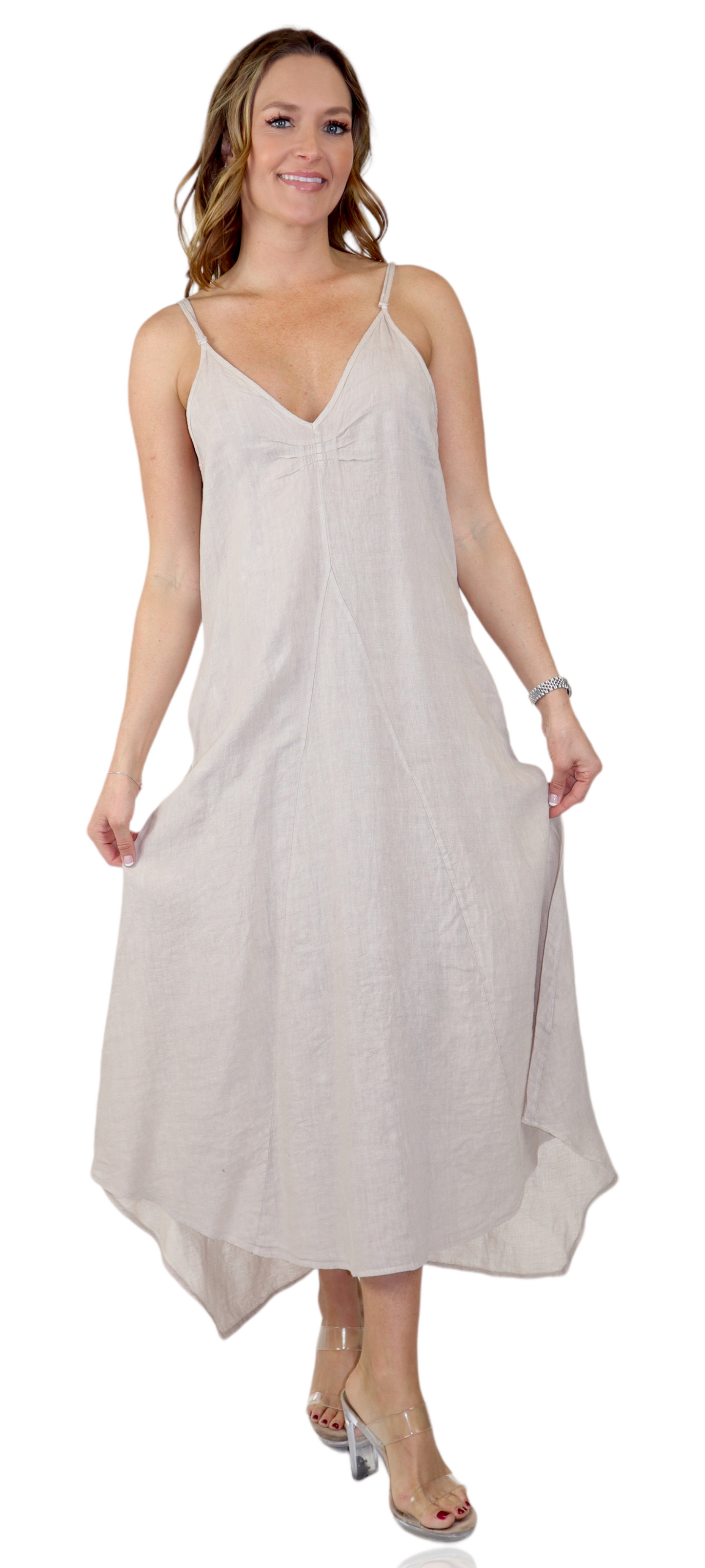 100% linen Spaghetti Strap Maxi Dress with Deep Side Pockets, Made in Italy