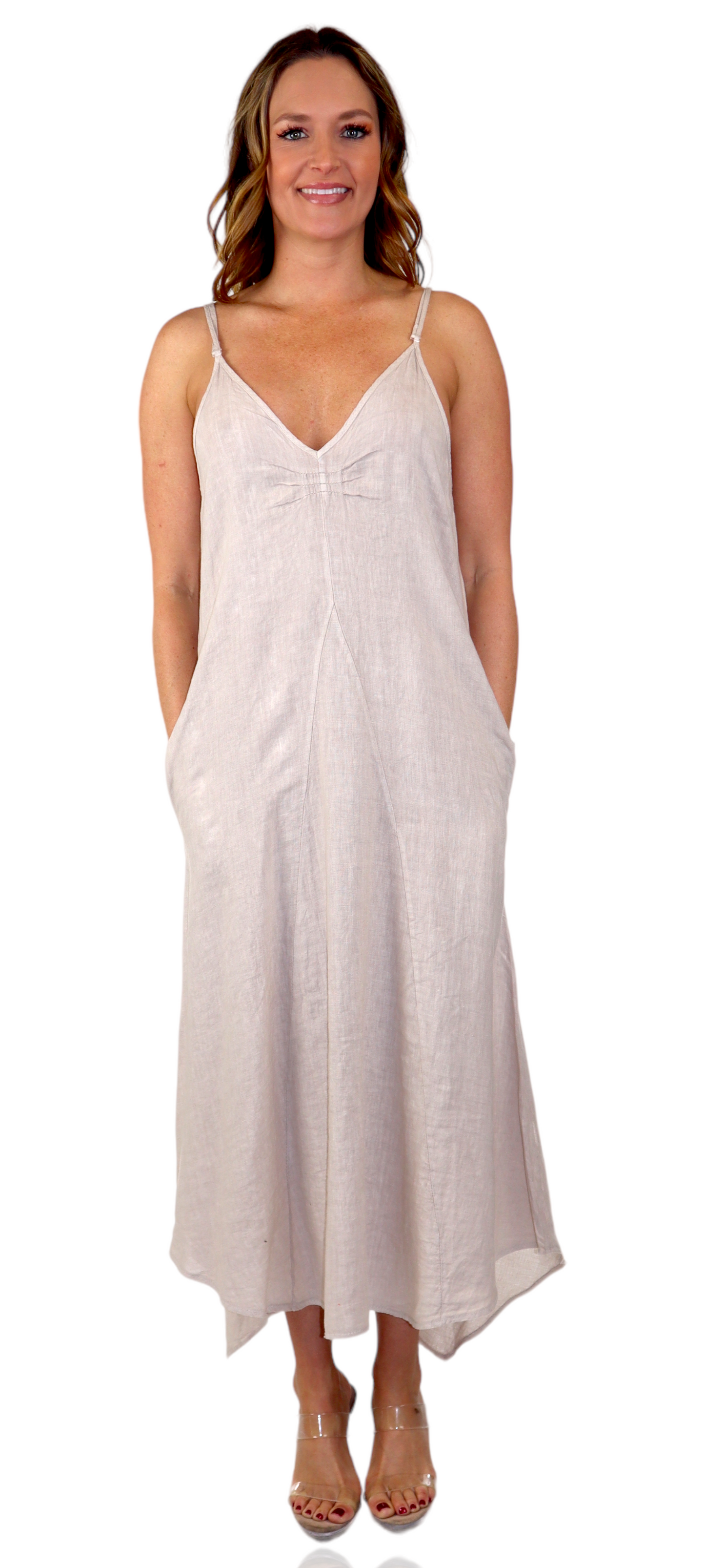 100% linen Spaghetti Strap Maxi Dress with Deep Side Pockets, Made in Italy