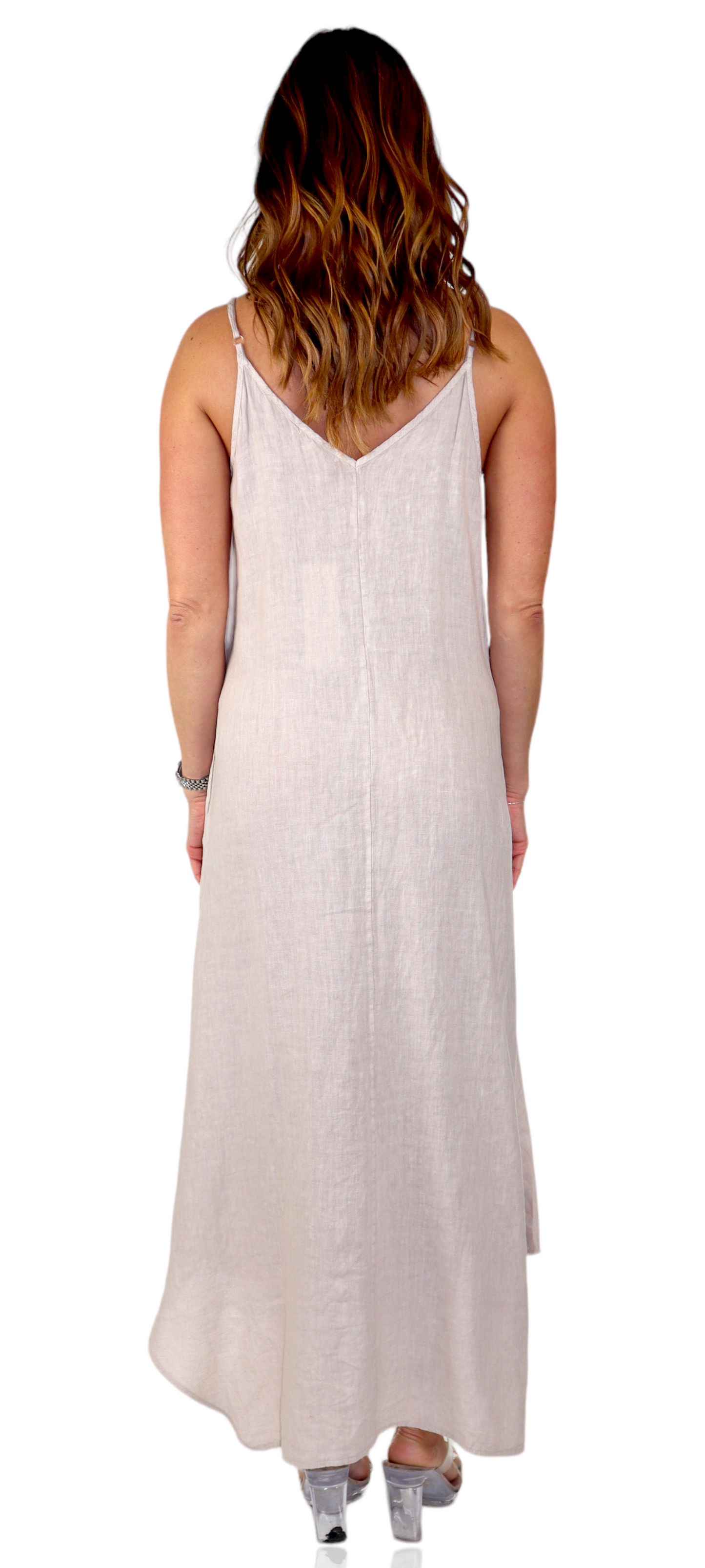 100% linen Spaghetti Strap Maxi Dress with Deep Side Pockets, Made in Italy