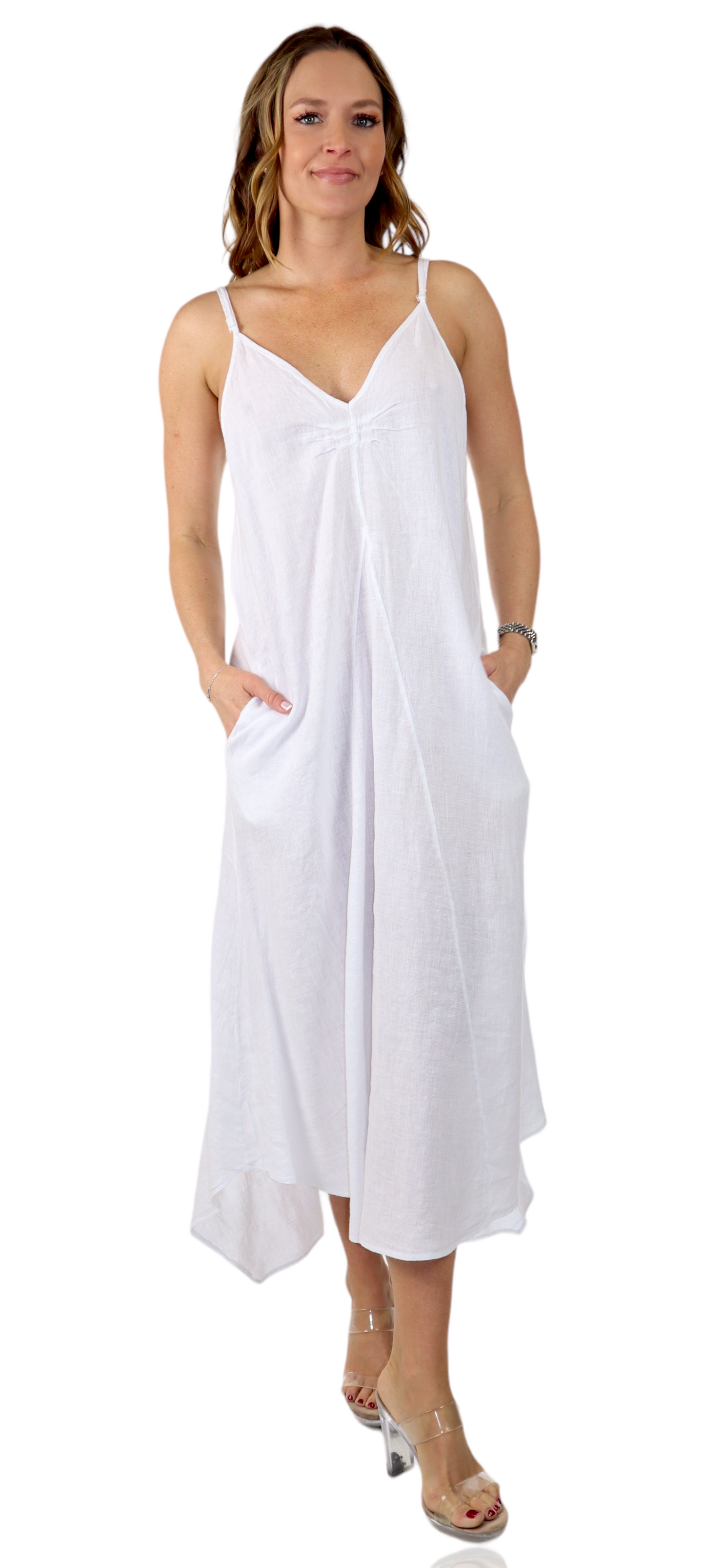 100% linen Spaghetti Strap Maxi Dress with Deep Side Pockets, Made in Italy