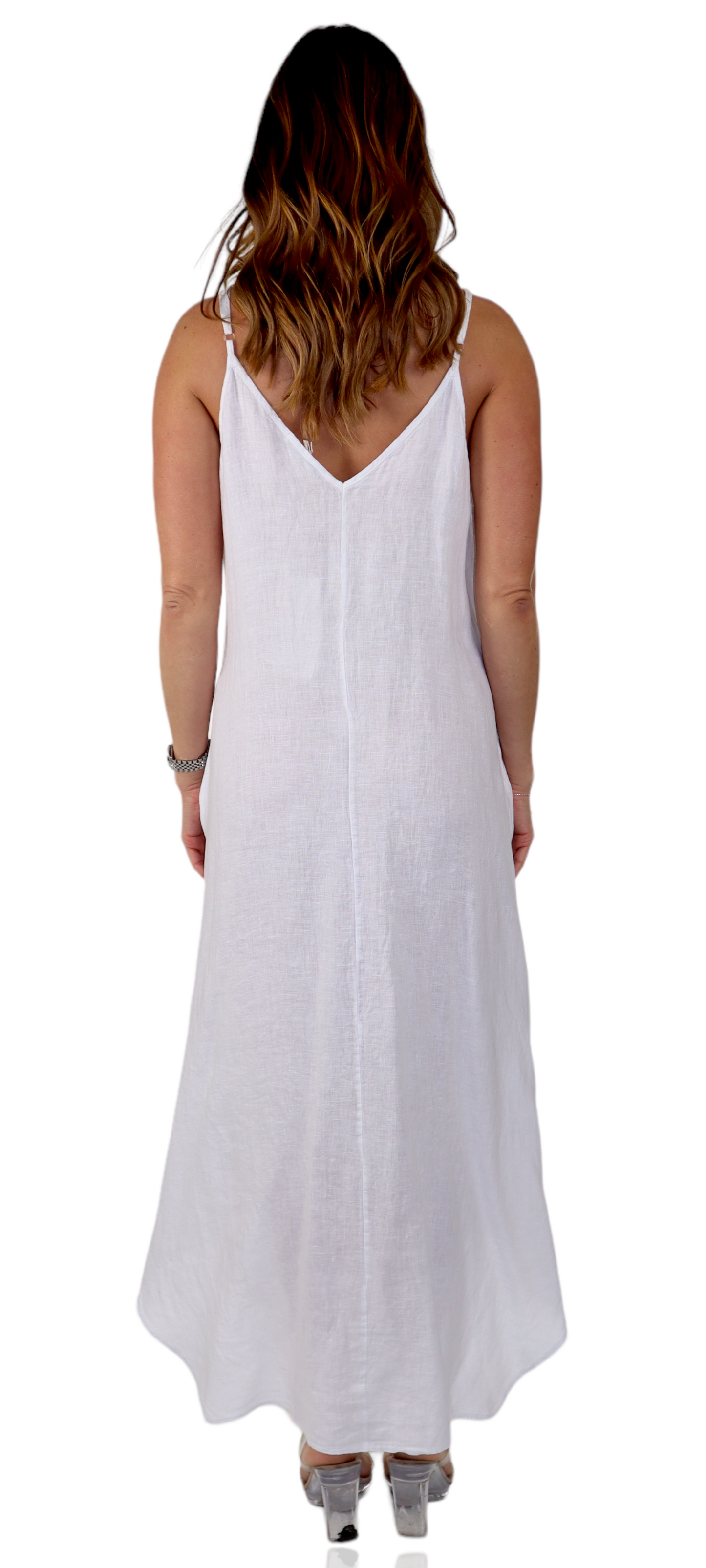100% linen Spaghetti Strap Maxi Dress with Deep Side Pockets, Made in Italy
