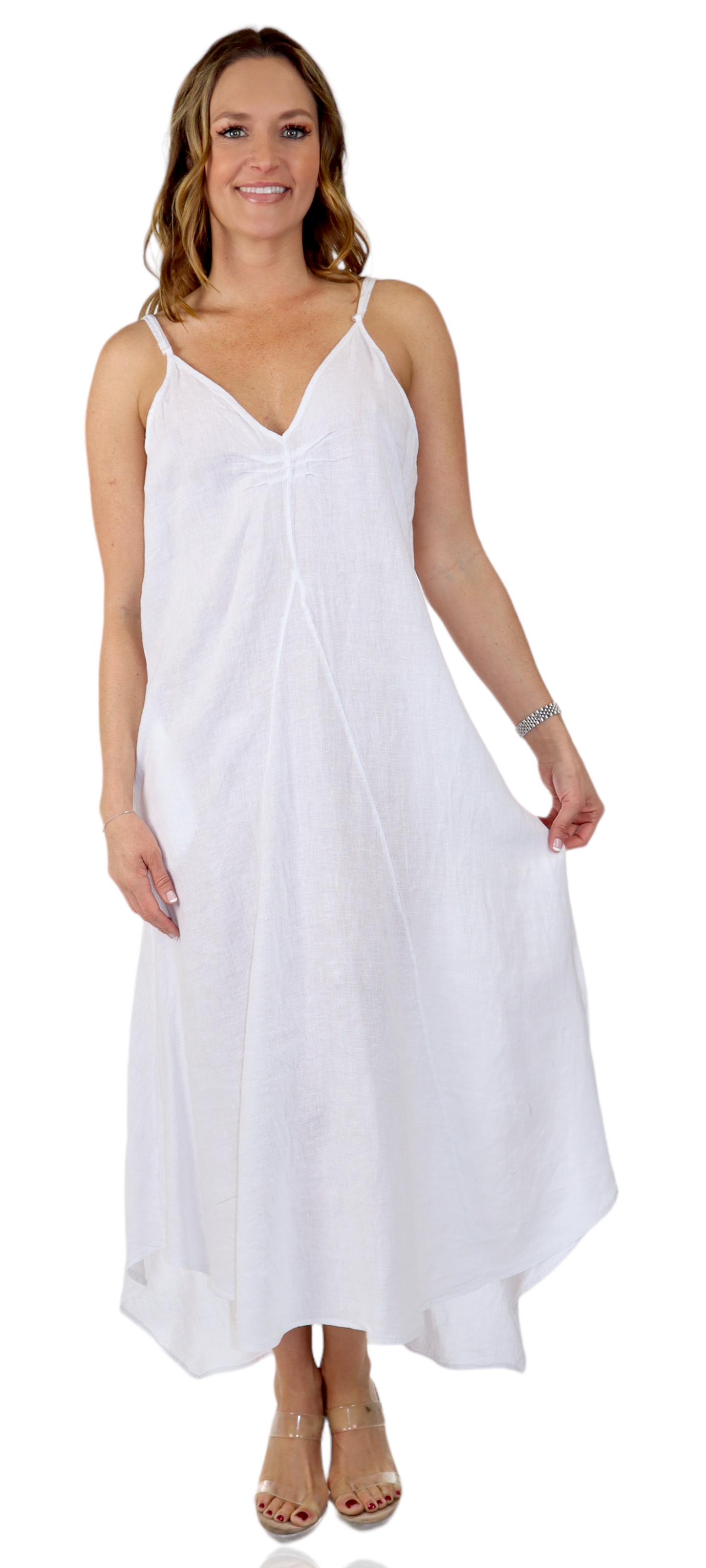 100% linen Spaghetti Strap Maxi Dress with Deep Side Pockets, Made in Italy