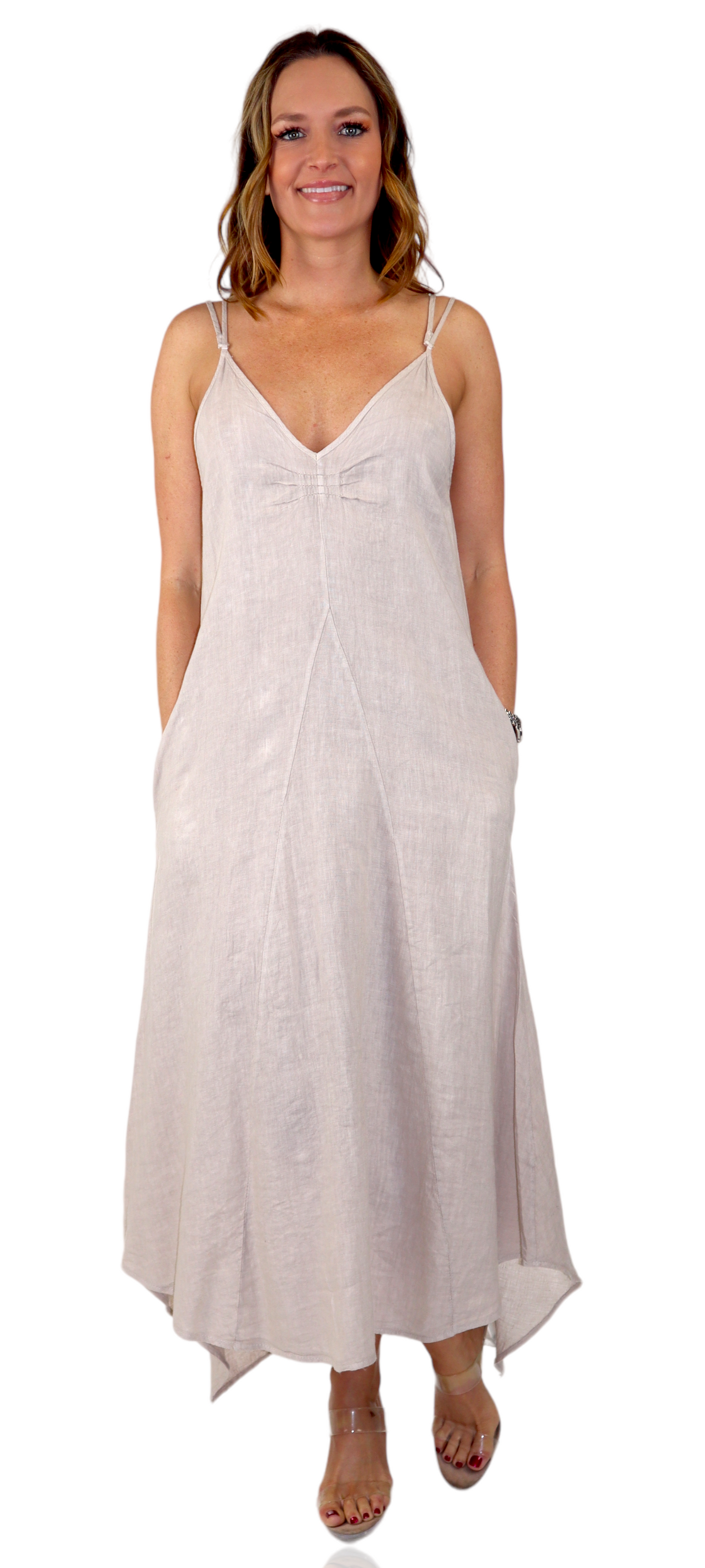 100% linen Spaghetti Strap Maxi Dress with Deep Side Pockets, Made in Italy