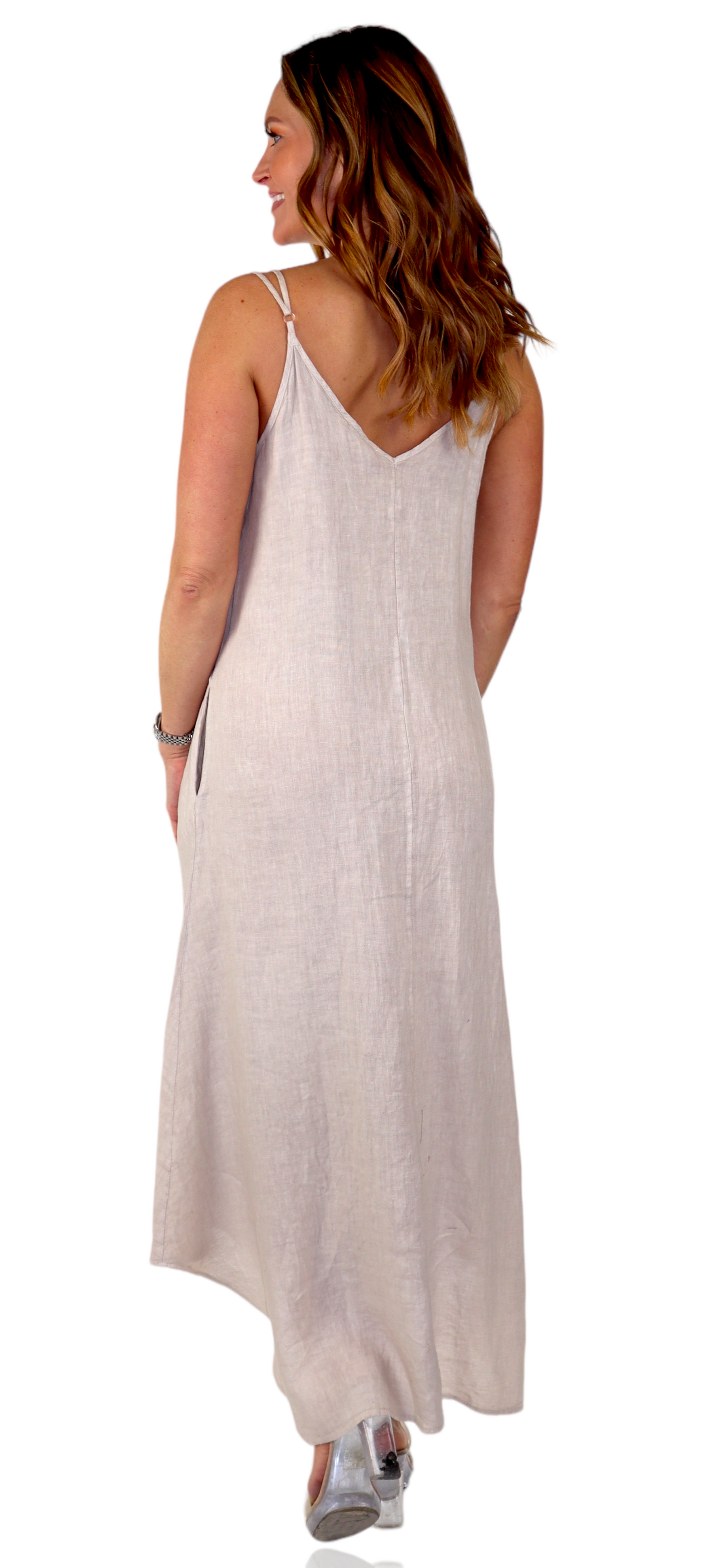 100% linen Spaghetti Strap Maxi Dress with Deep Side Pockets, Made in Italy
