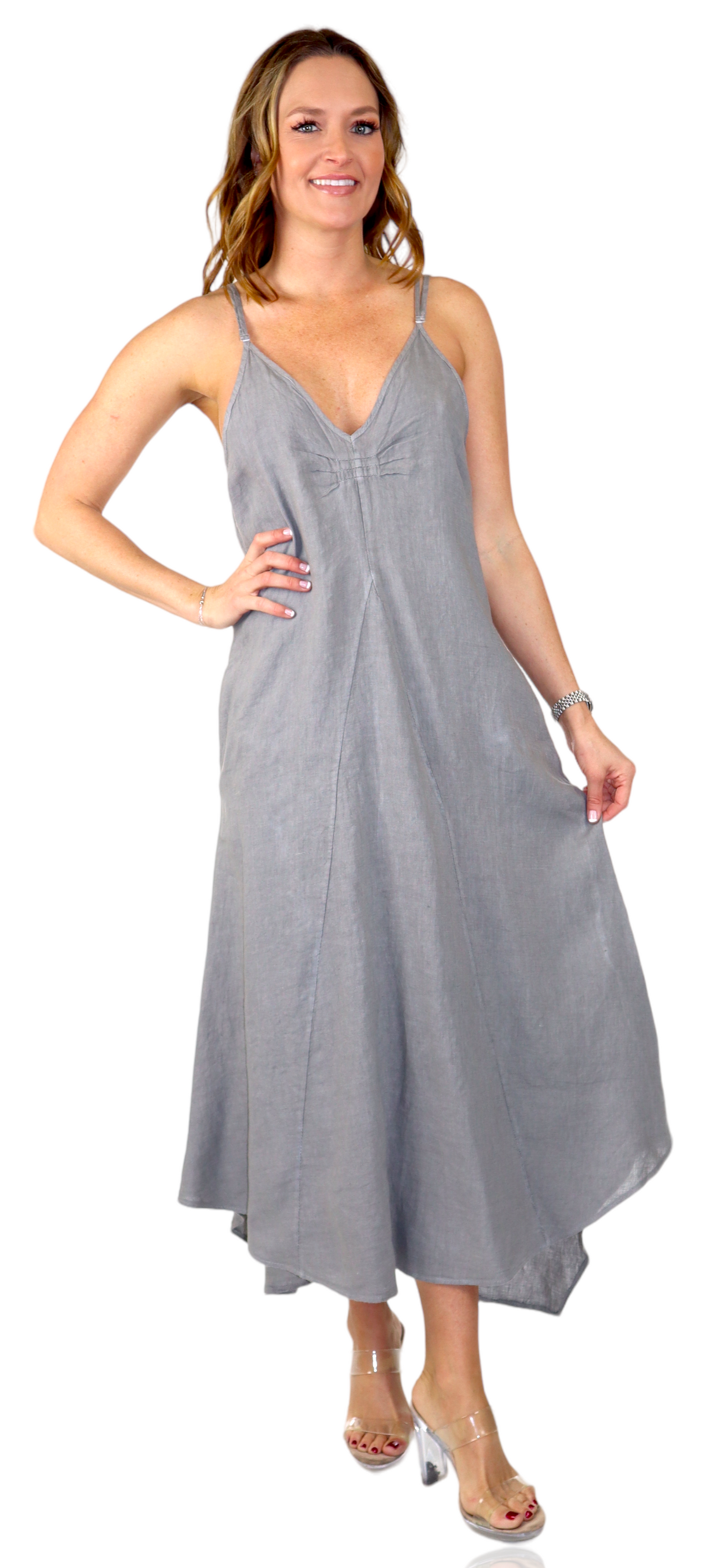 100% linen Spaghetti Strap Maxi Dress with Deep Side Pockets, Made in Italy