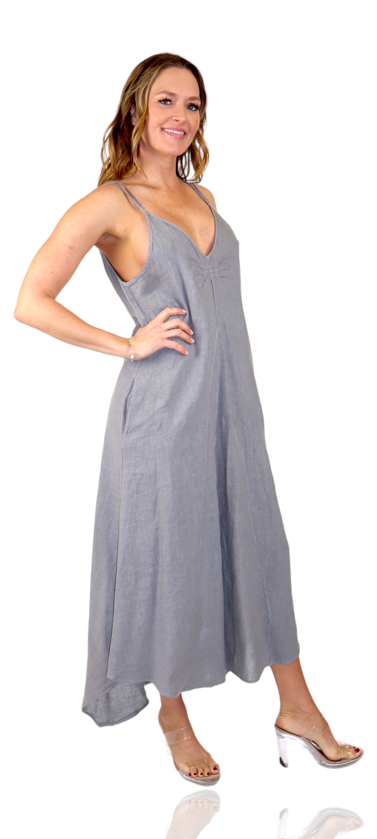 100% linen Spaghetti Strap Maxi Dress with Deep Side Pockets, Made in Italy