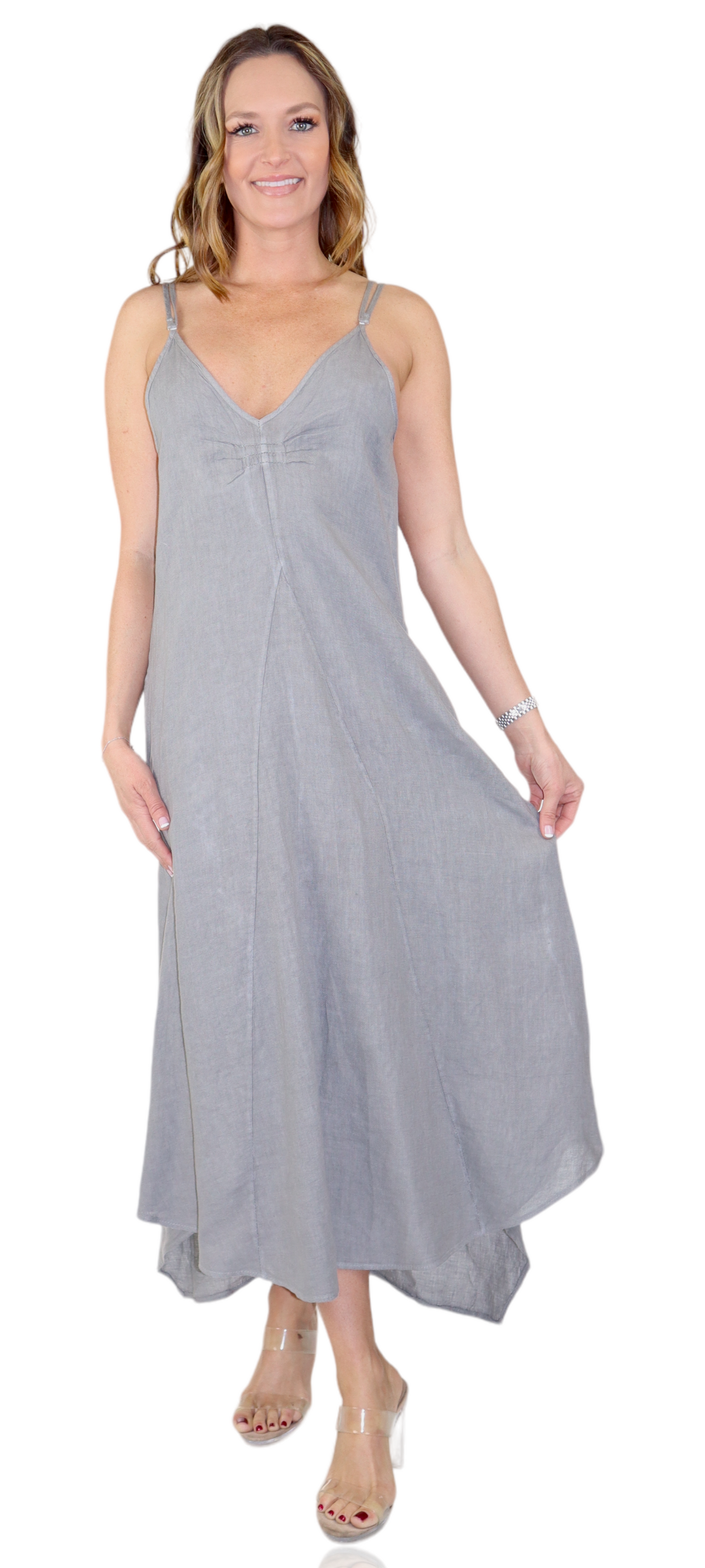 100% linen Spaghetti Strap Maxi Dress with Deep Side Pockets, Made in Italy