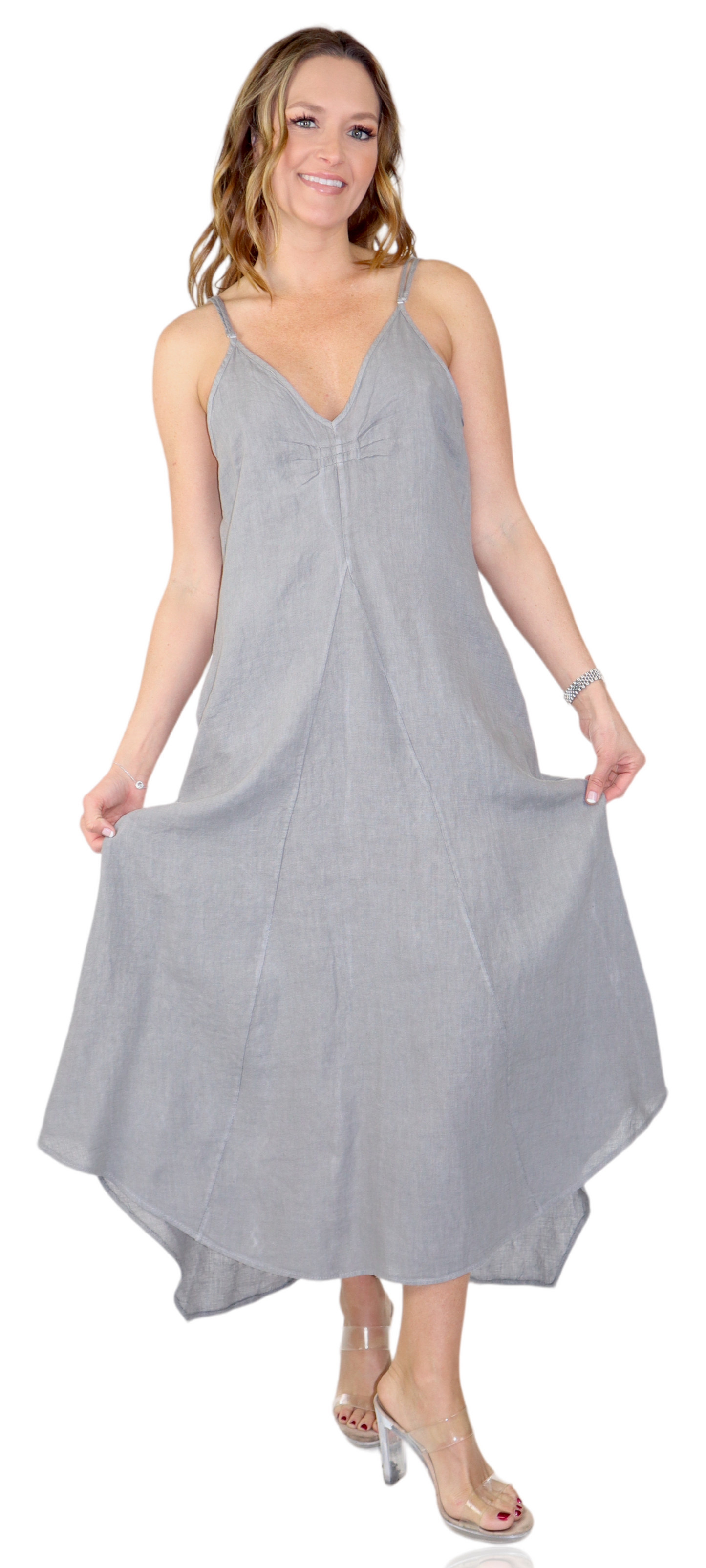 100% linen Spaghetti Strap Maxi Dress with Deep Side Pockets, Made in Italy