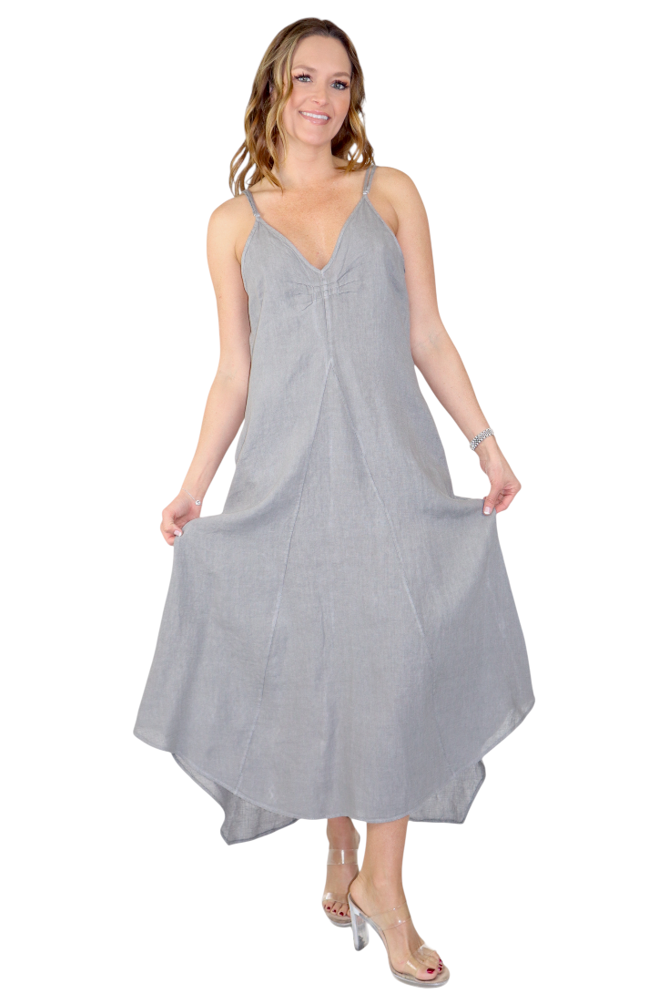 100% linen Spaghetti Strap Maxi Dress with Deep Side Pockets, Made in Italy