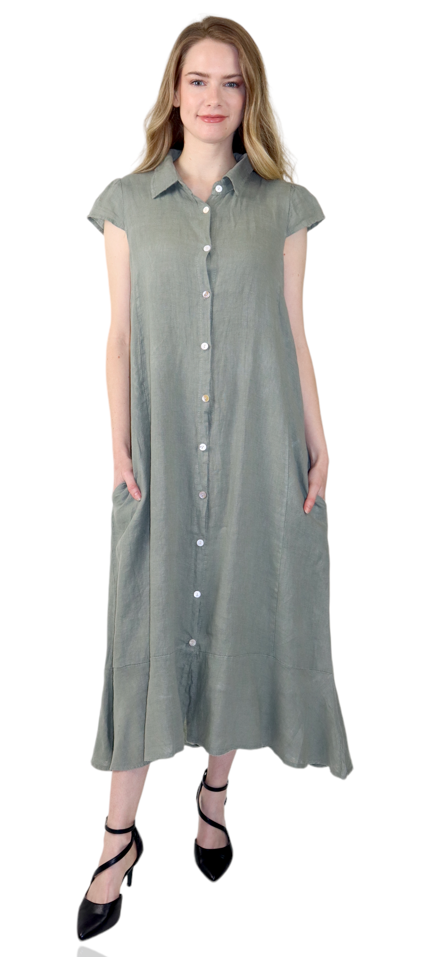 100% Pure Linen Sleeveless Breathable BoHo Flowy Button Down Dress Top