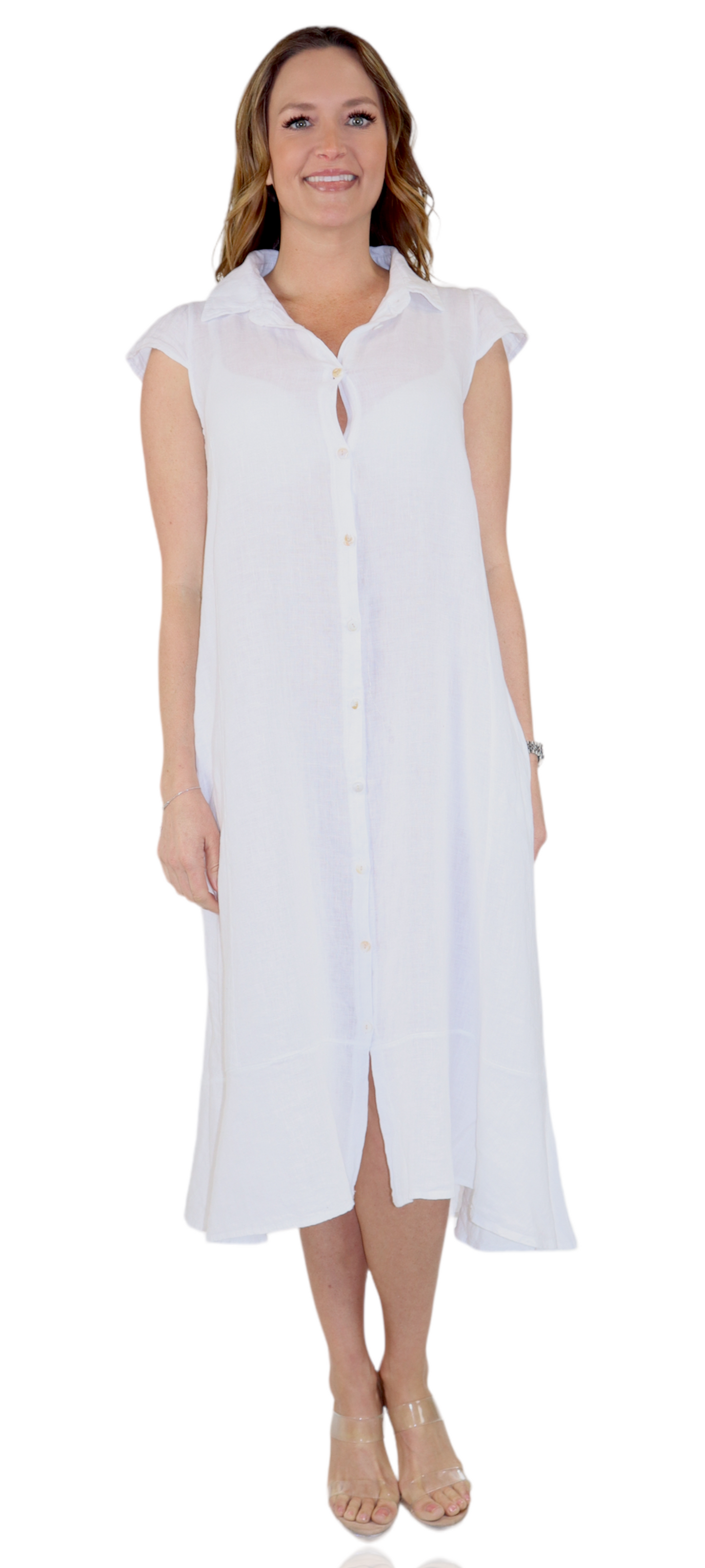 100% Pure Linen Sleeveless Breathable BoHo Flowy Button Down Dress Top