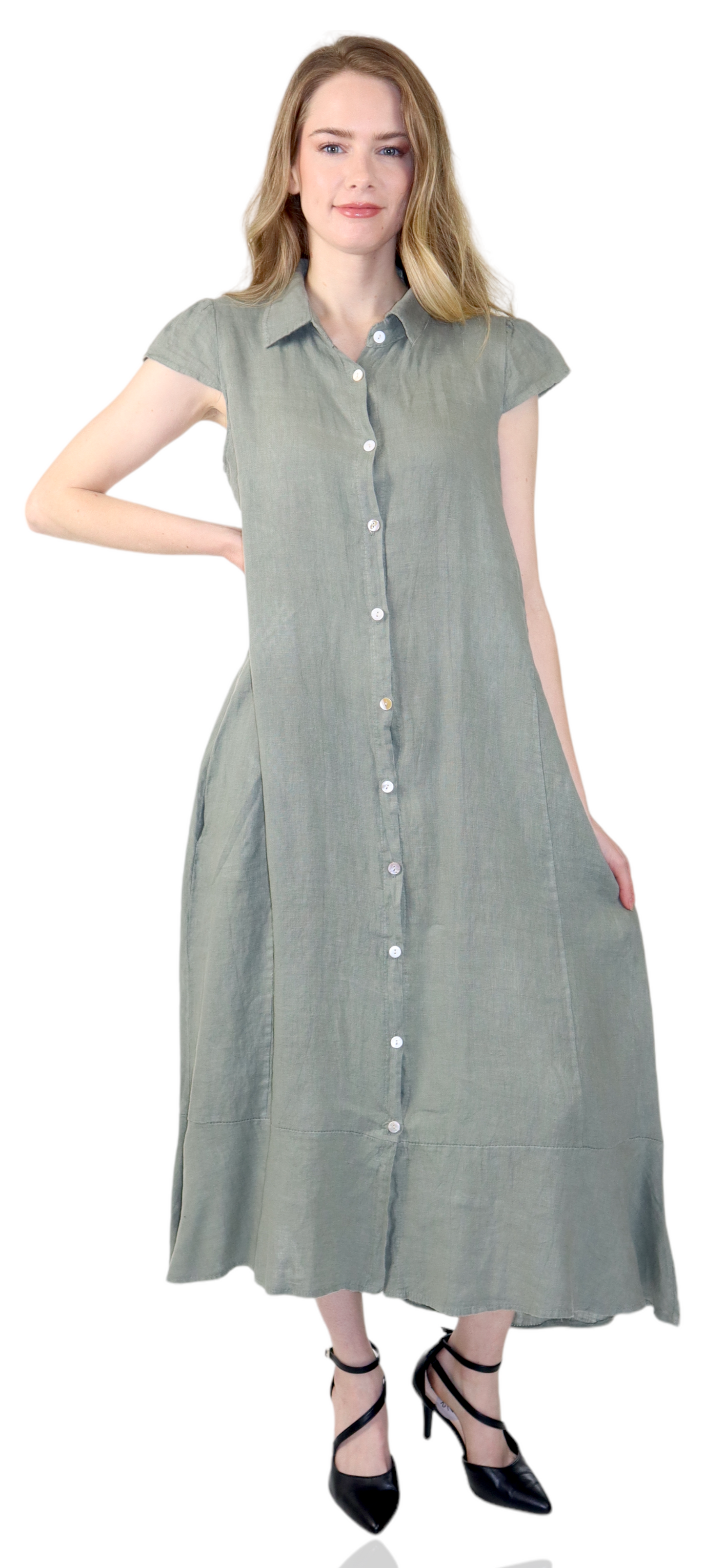 100% Pure Linen Sleeveless Breathable BoHo Flowy Button Down Dress Top