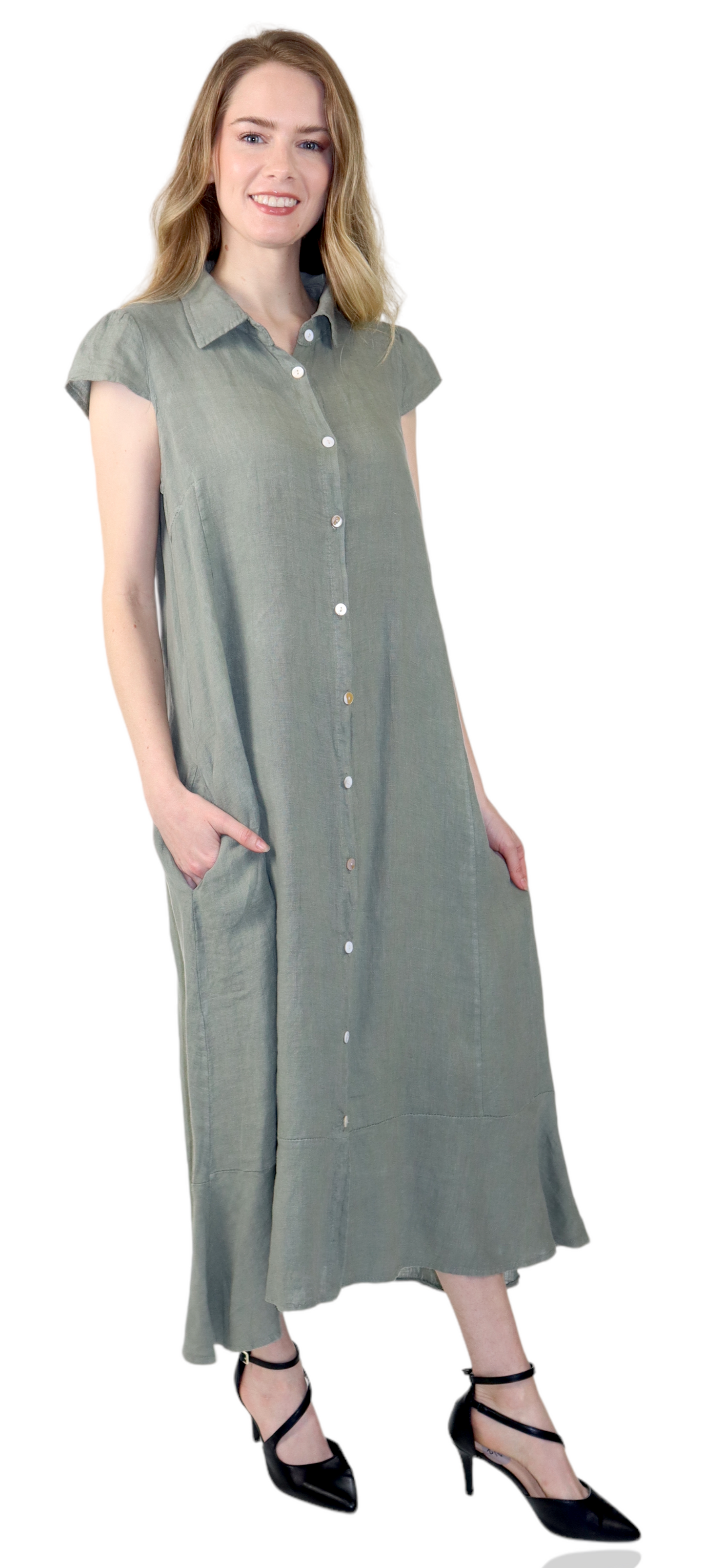100% Pure Linen Sleeveless Breathable BoHo Flowy Button Down Dress Top