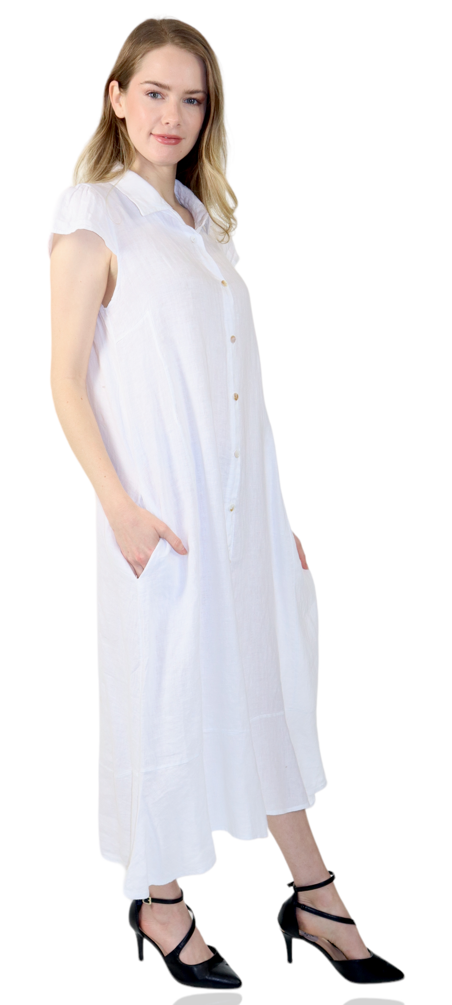 100% Pure Linen Sleeveless Breathable BoHo Flowy Button Down Dress Top