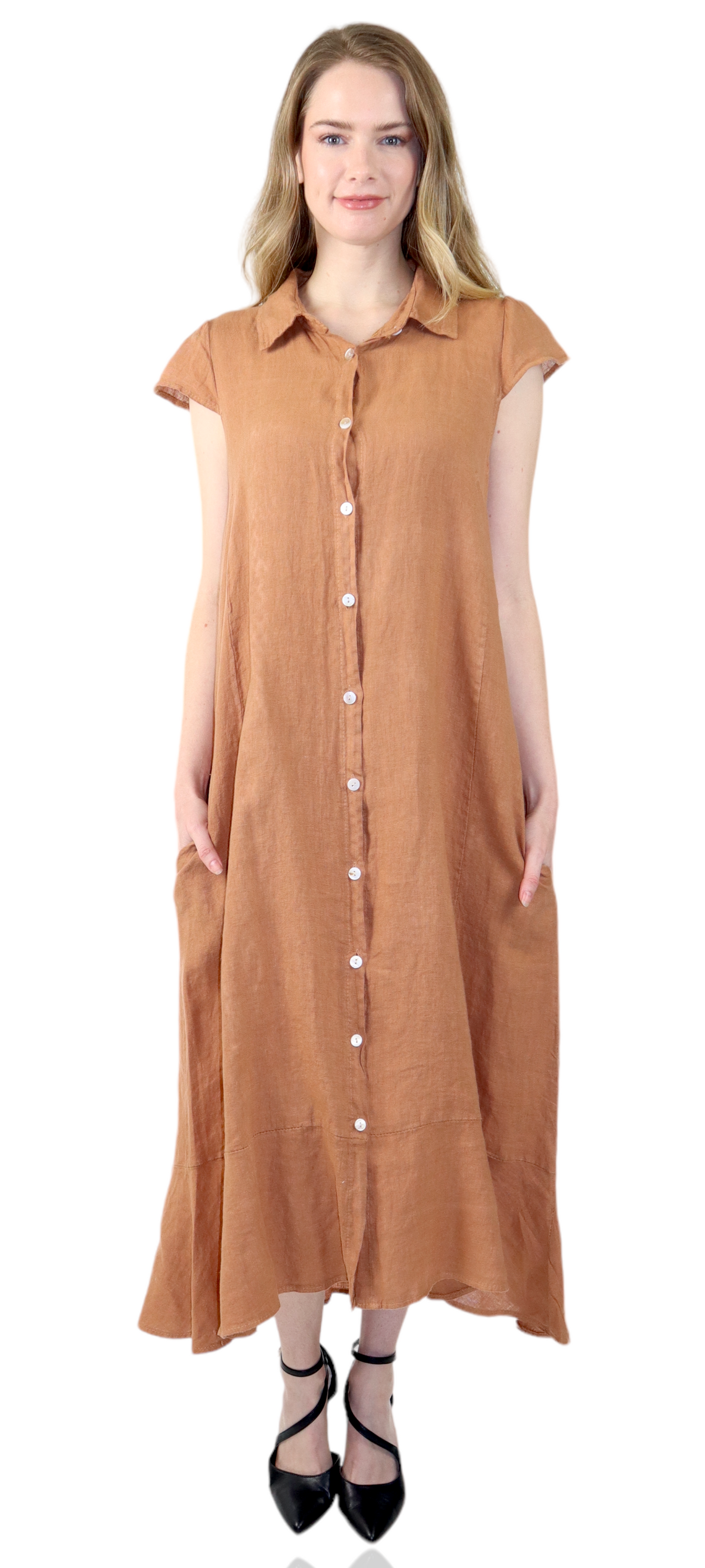 100% Pure Linen Sleeveless Breathable BoHo Flowy Button Down Dress Top