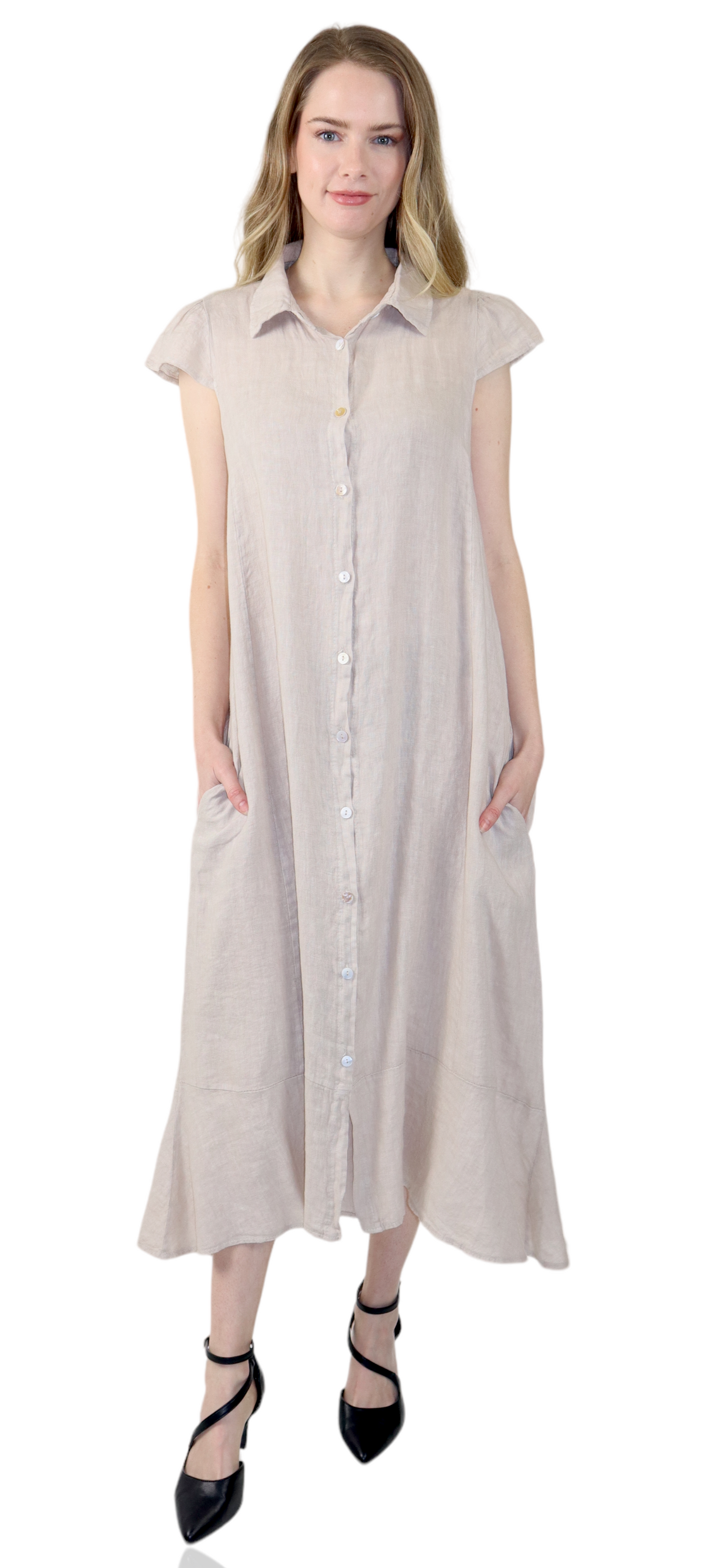 100% Pure Linen Sleeveless Breathable BoHo Flowy Button Down Dress Top