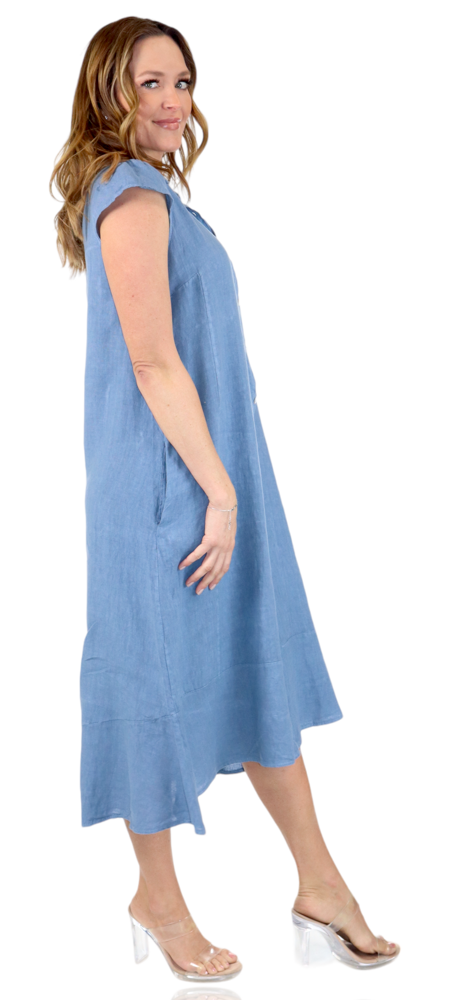 100% Pure Linen Sleeveless Breathable BoHo Flowy Button Down Dress Top