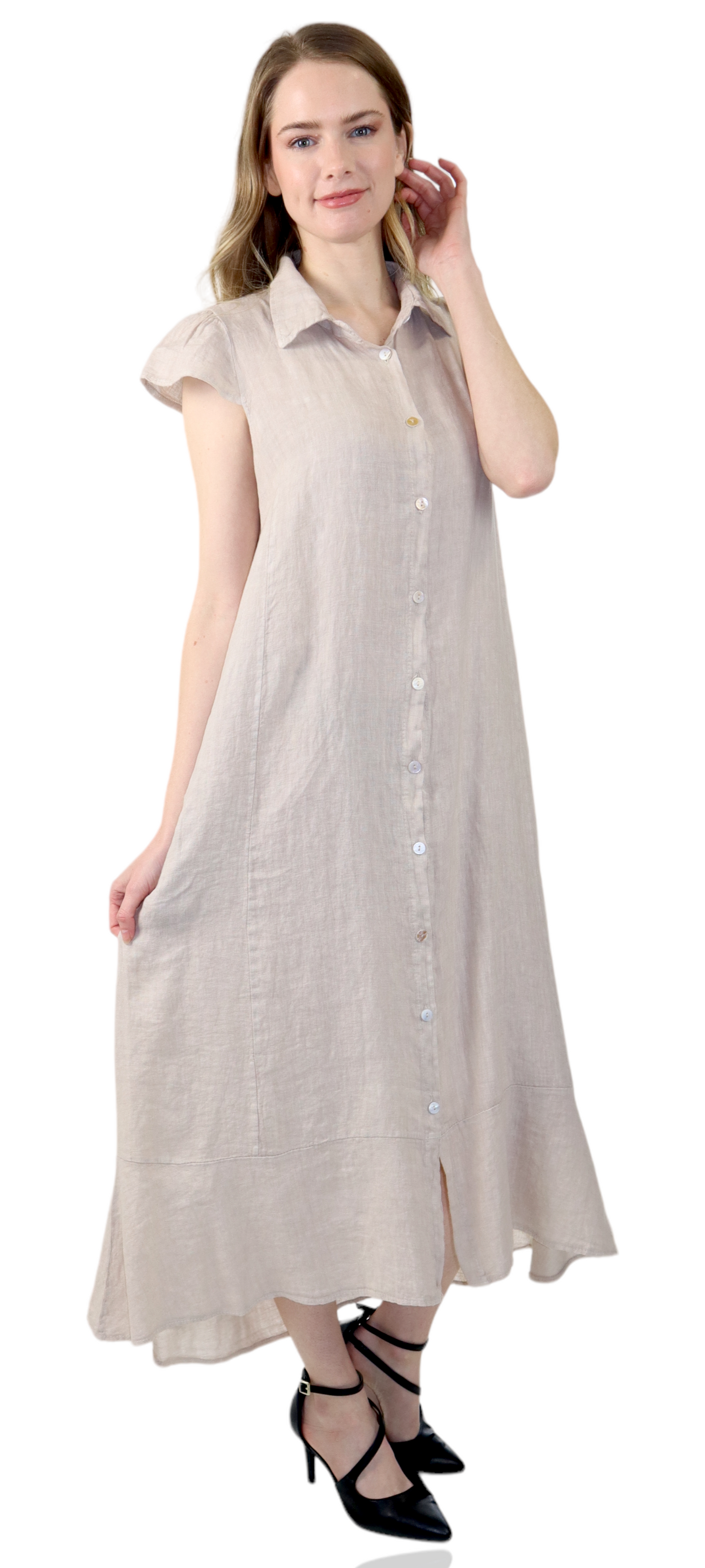 100% Pure Linen Sleeveless Breathable BoHo Flowy Button Down Dress Top