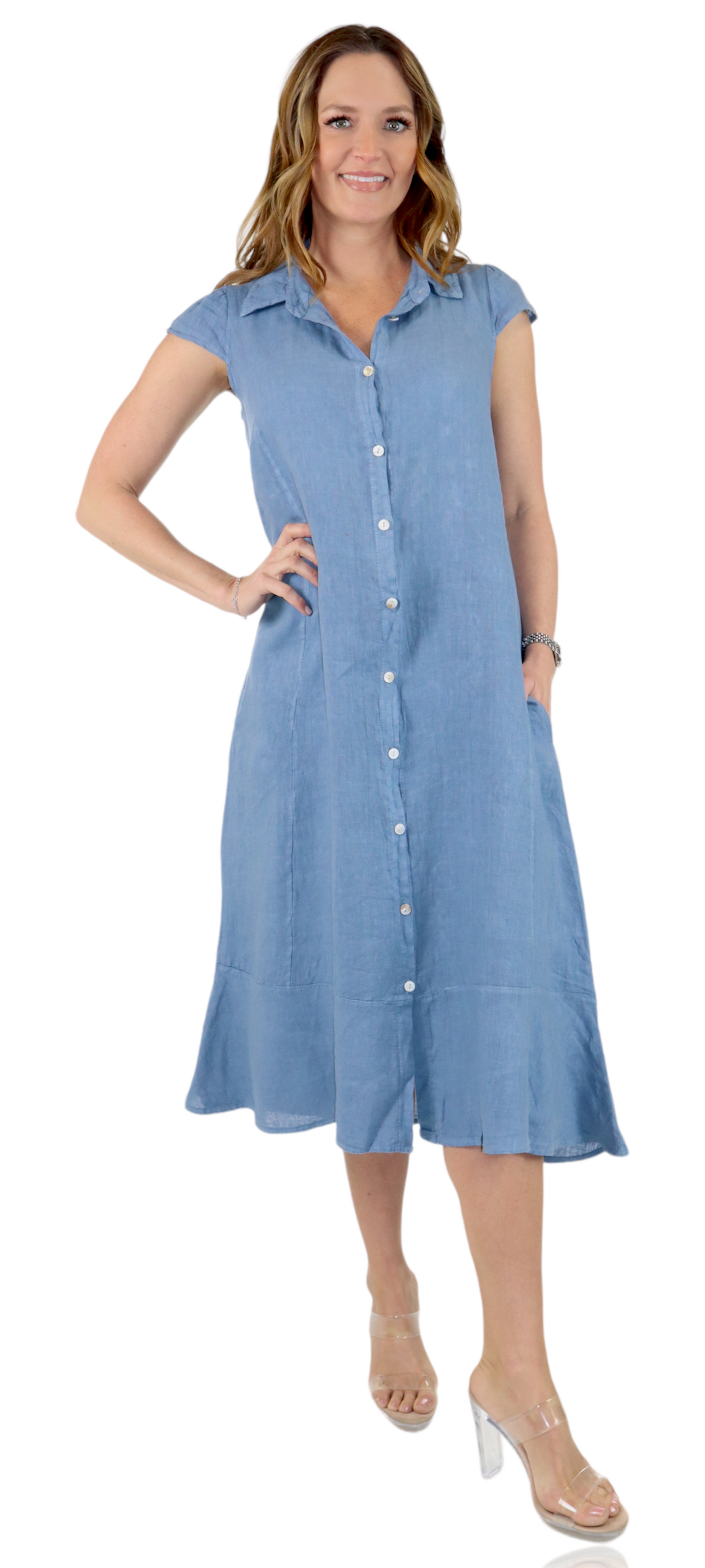 100% Pure Linen Sleeveless Breathable BoHo Flowy Button Down Dress Top