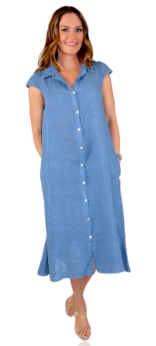 100% Pure Linen Sleeveless Breathable BoHo Flowy Button Down Dress Top