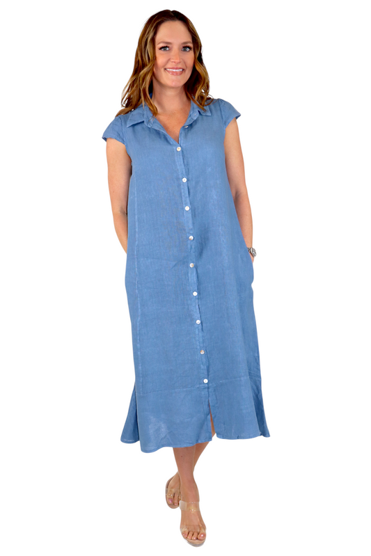 100% Pure Linen Sleeveless Breathable BoHo Flowy Button Down Dress Top