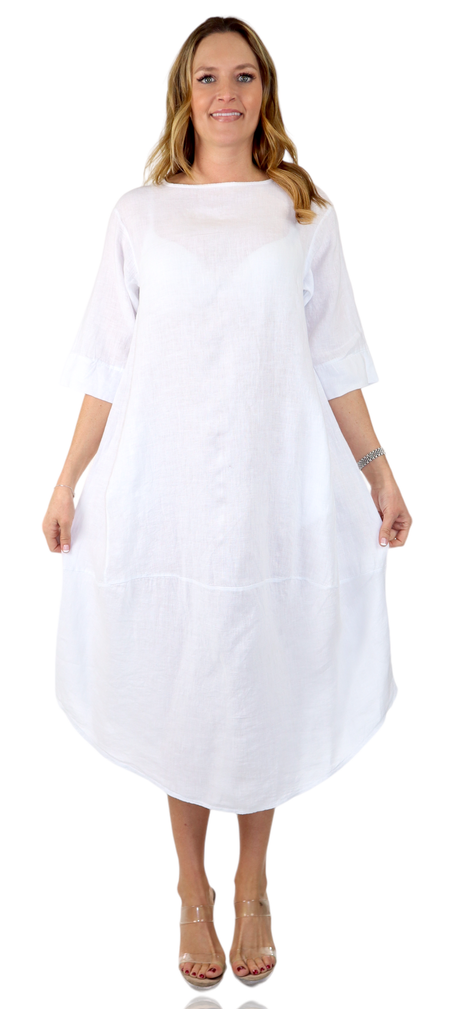 Womens 100% Pure Linen Breathable Boho Balloon Hem Dress w/ Side Pockets