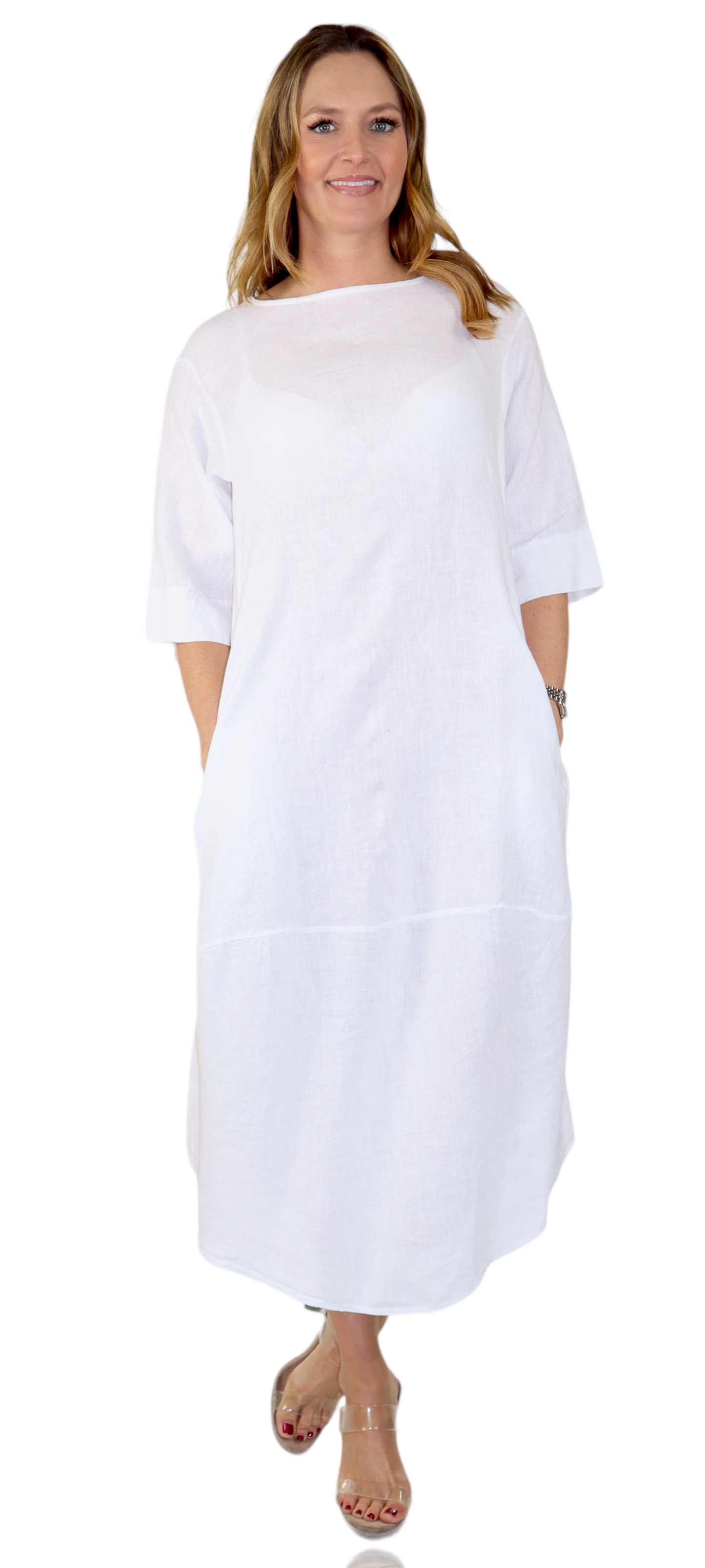 Womens 100% Pure Linen Breathable Boho Balloon Hem Dress w/ Side Pockets