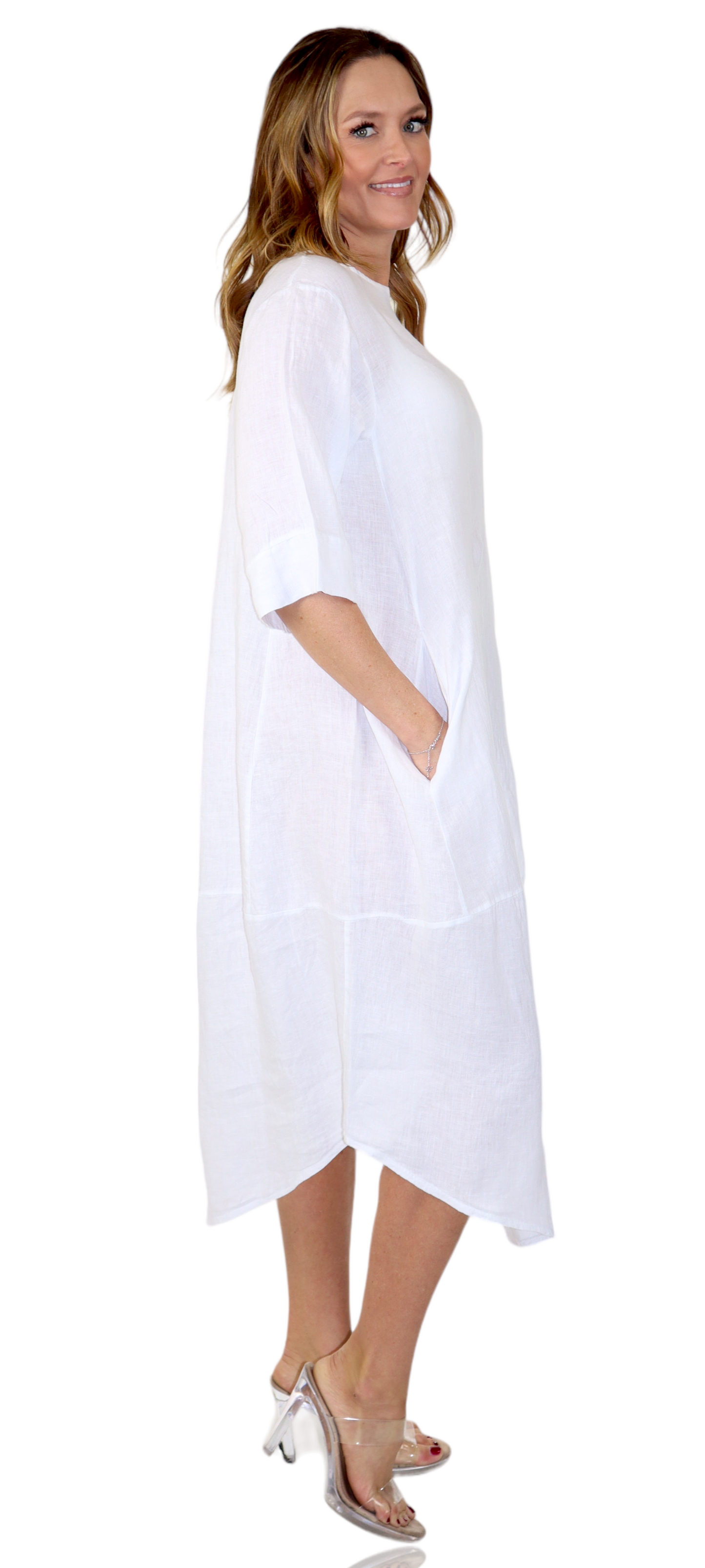 Womens 100% Pure Linen Breathable Boho Balloon Hem Dress w/ Side Pockets