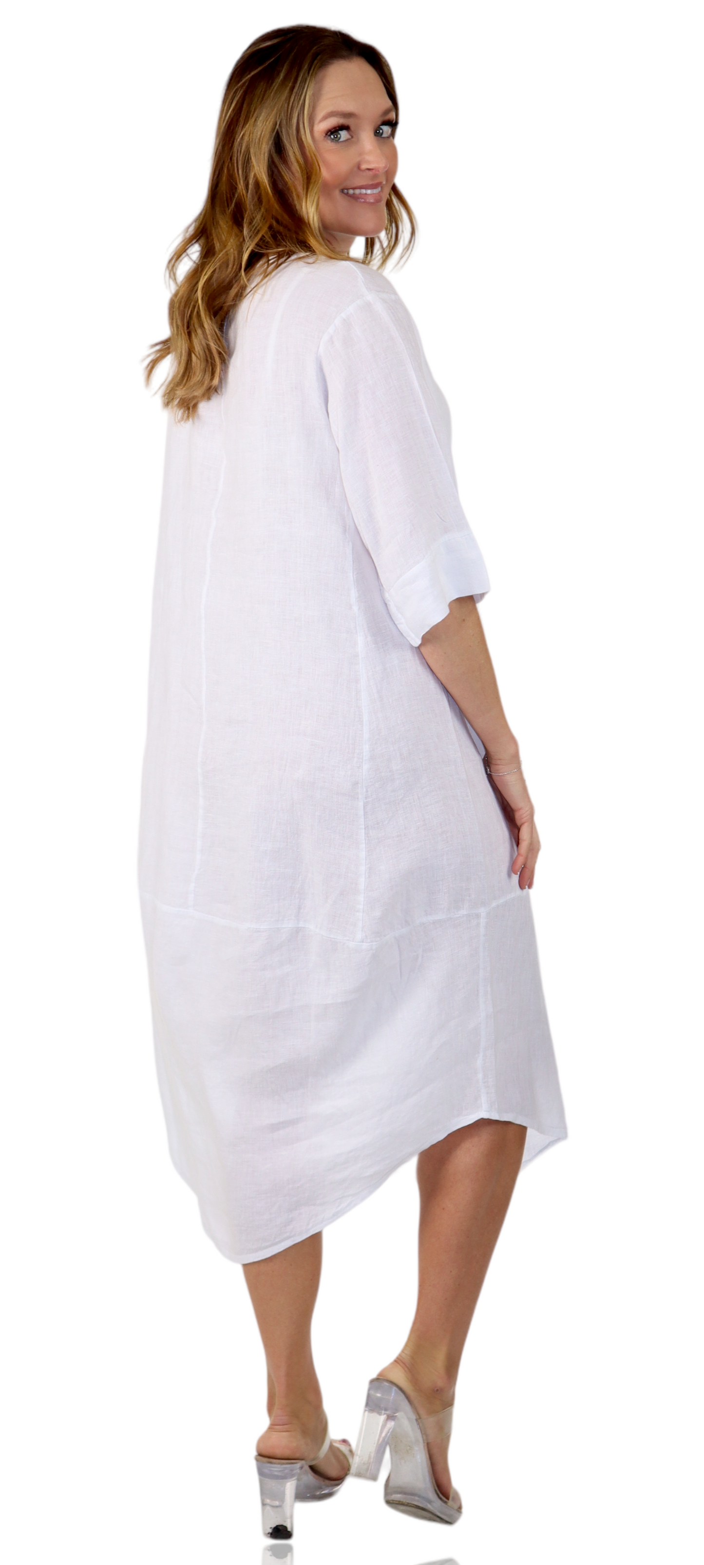 Womens 100% Pure Linen Breathable Boho Balloon Hem Dress w/ Side Pockets