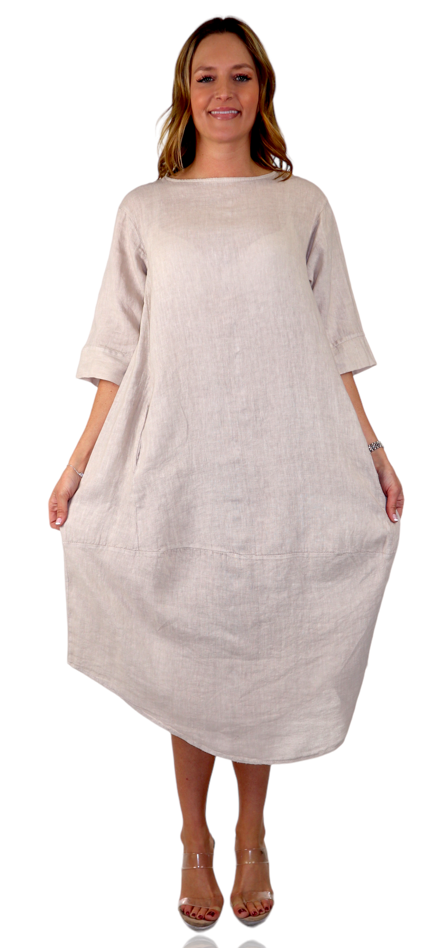 Womens 100% Pure Linen Breathable Boho Balloon Hem Dress w/ Side Pockets