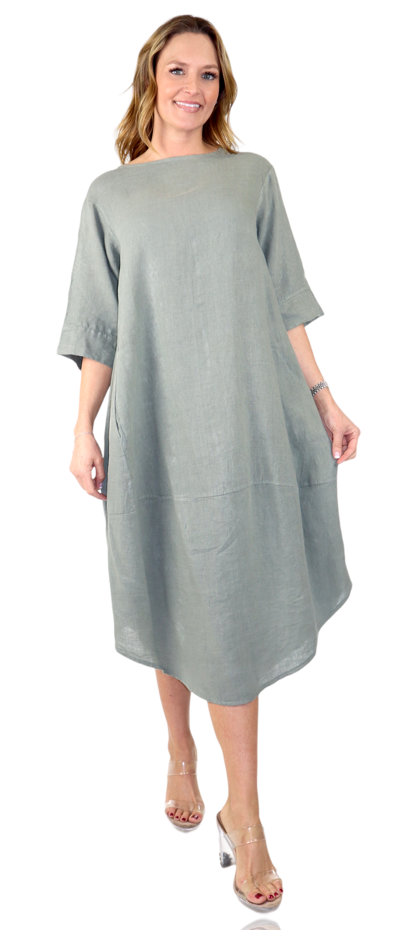 Womens 100% Pure Linen Breathable Boho Balloon Hem Dress w/ Side Pockets