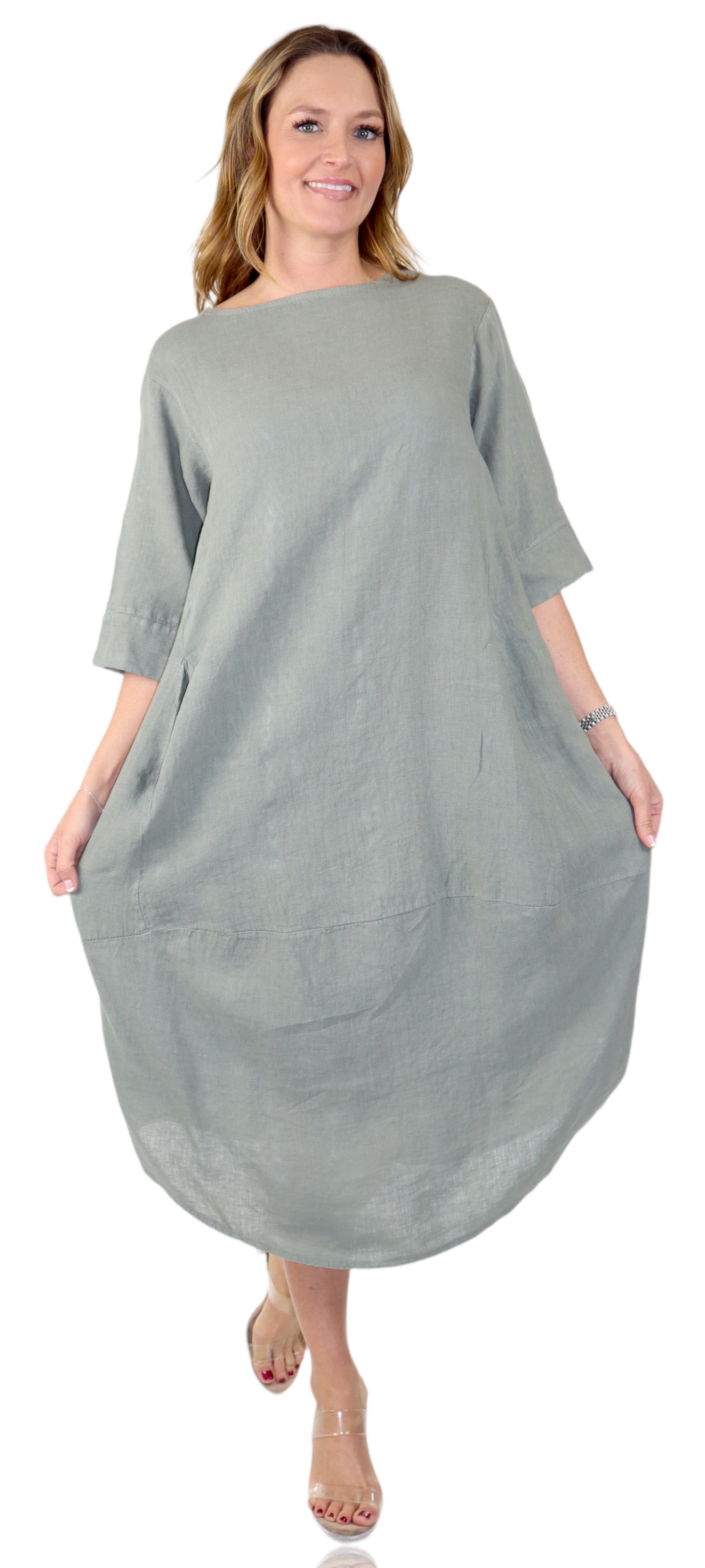 Womens 100% Pure Linen Breathable Boho Balloon Hem Dress w/ Side Pockets