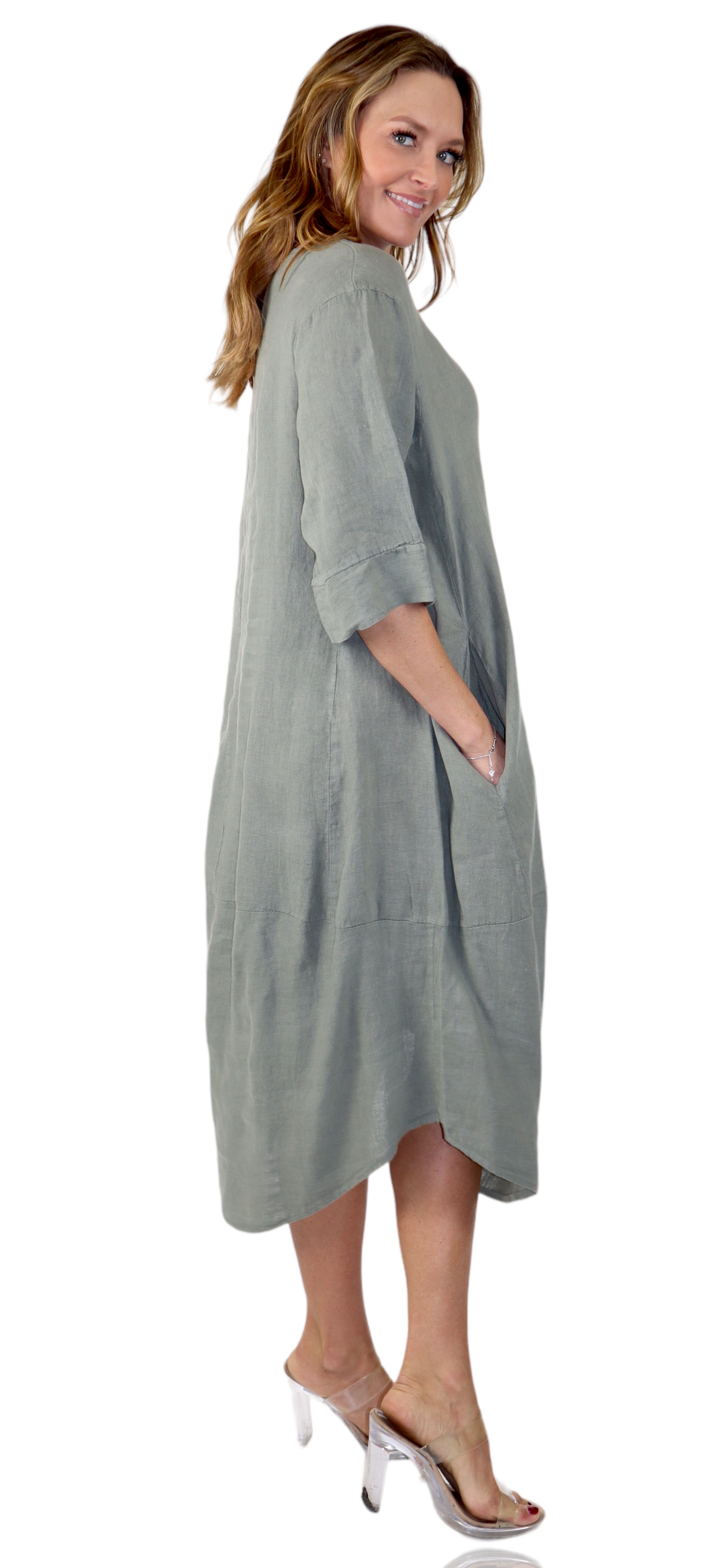 Womens 100% Pure Linen Breathable Boho Balloon Hem Dress w/ Side Pockets