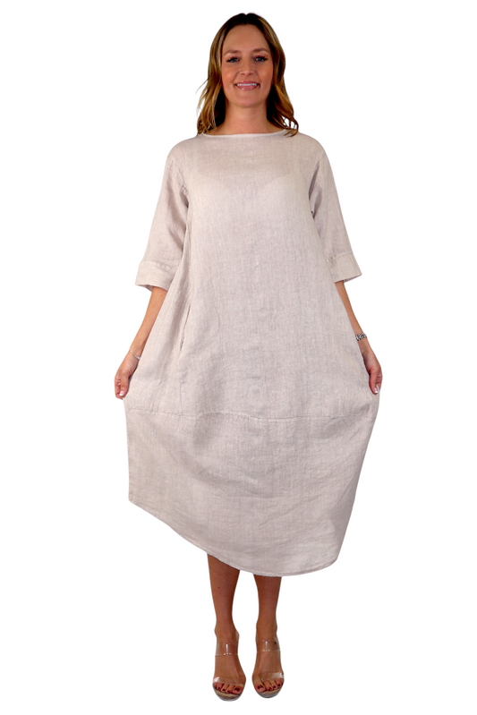 Womens 100% Pure Linen Breathable Boho Balloon Hem Dress w/ Side Pockets