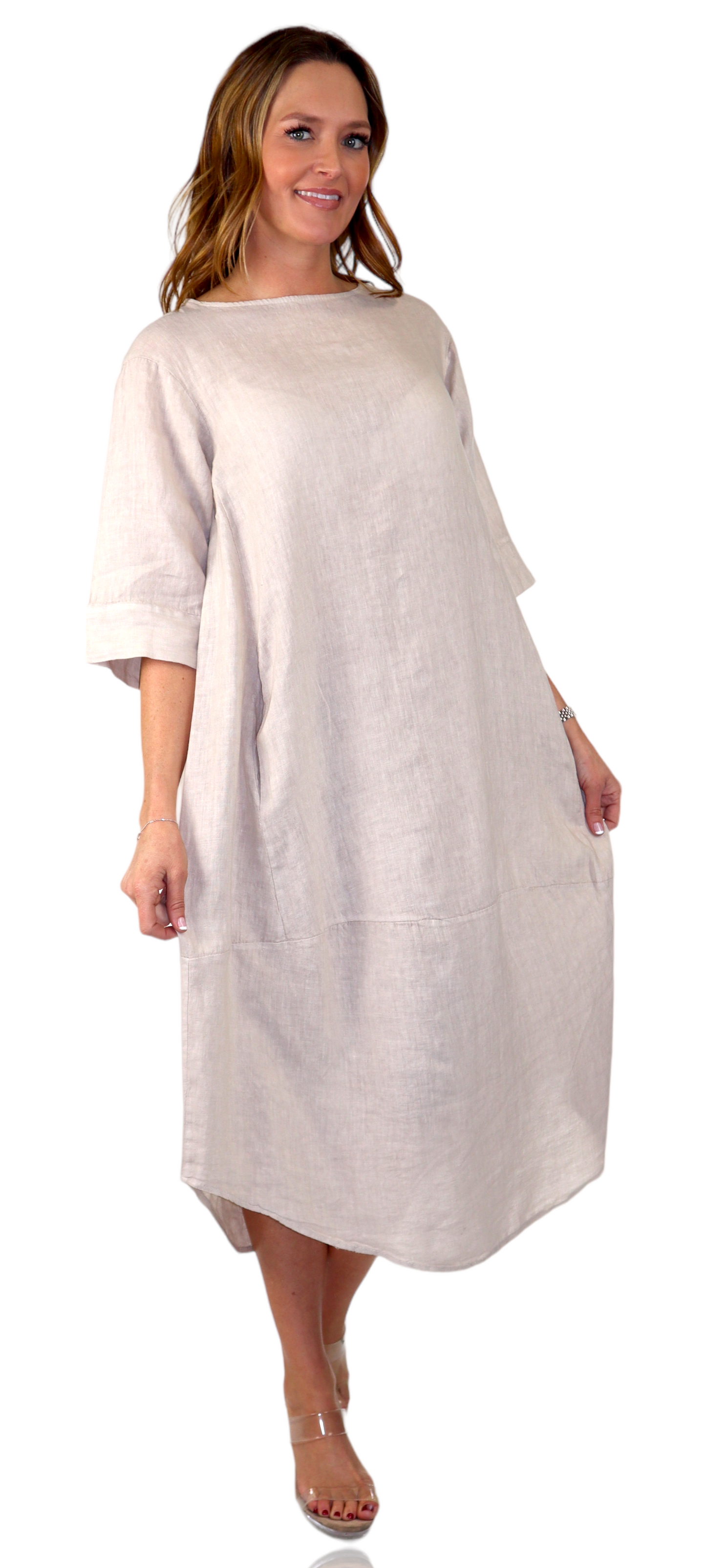 Womens 100% Pure Linen Breathable Boho Balloon Hem Dress w/ Side Pockets