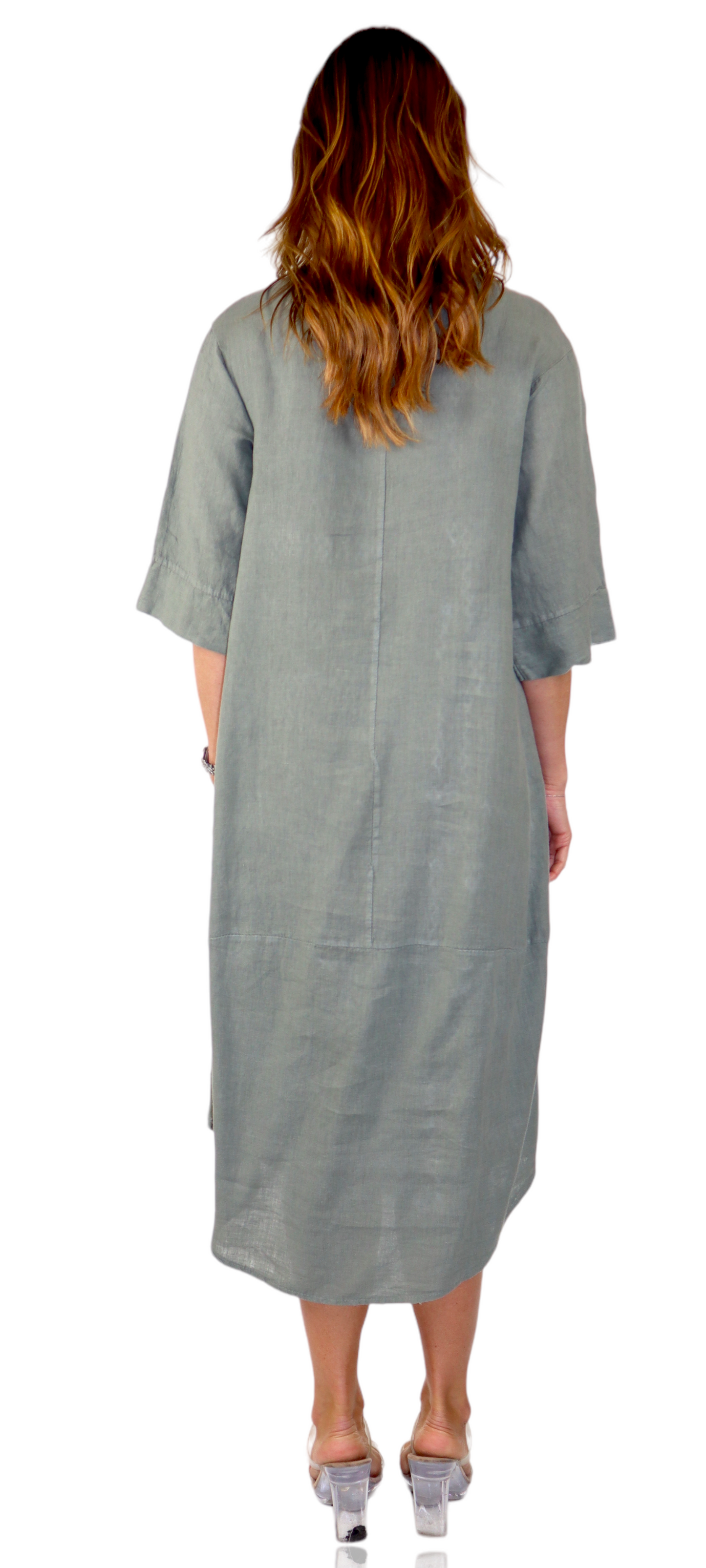 Womens 100% Pure Linen Breathable Boho Balloon Hem Dress w/ Side Pockets