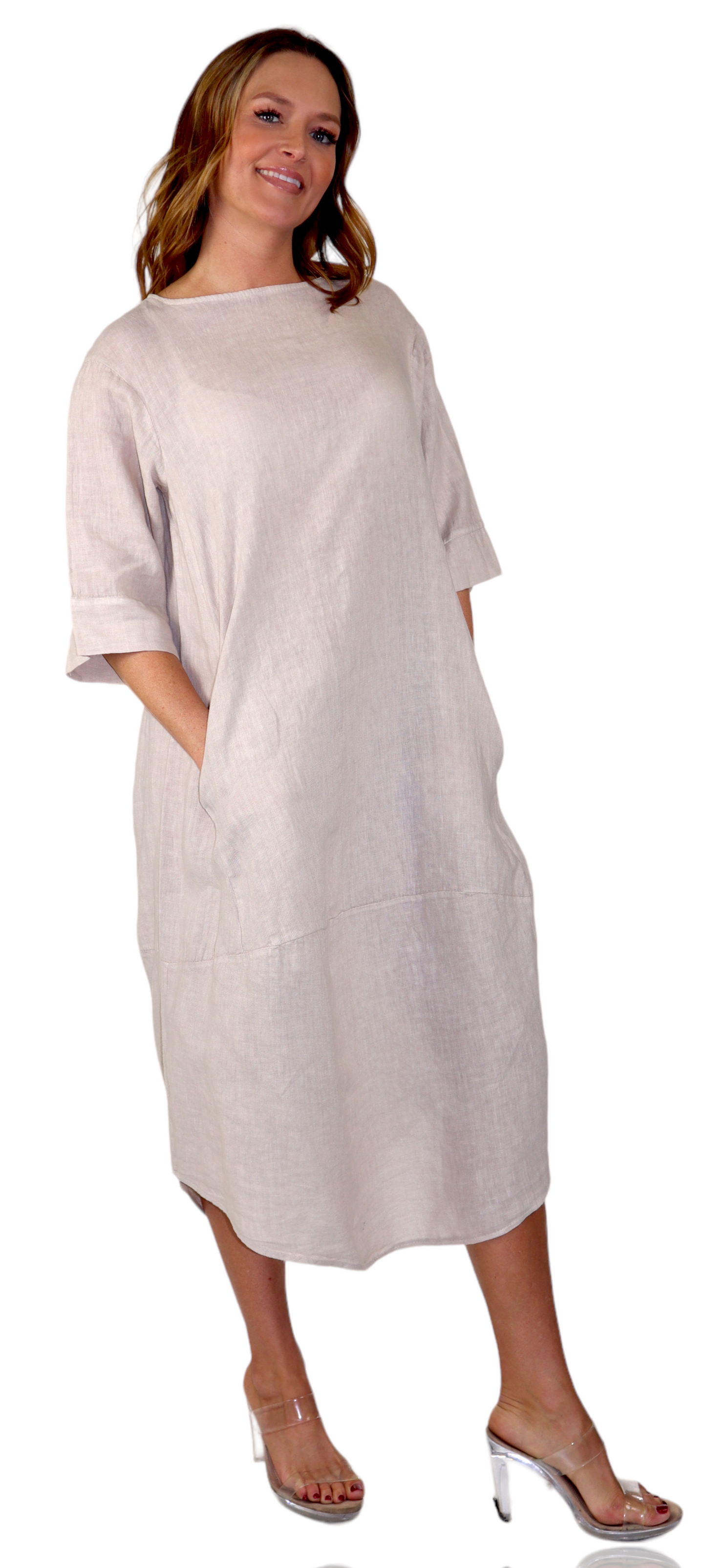 Womens 100% Pure Linen Breathable Boho Balloon Hem Dress w/ Side Pockets